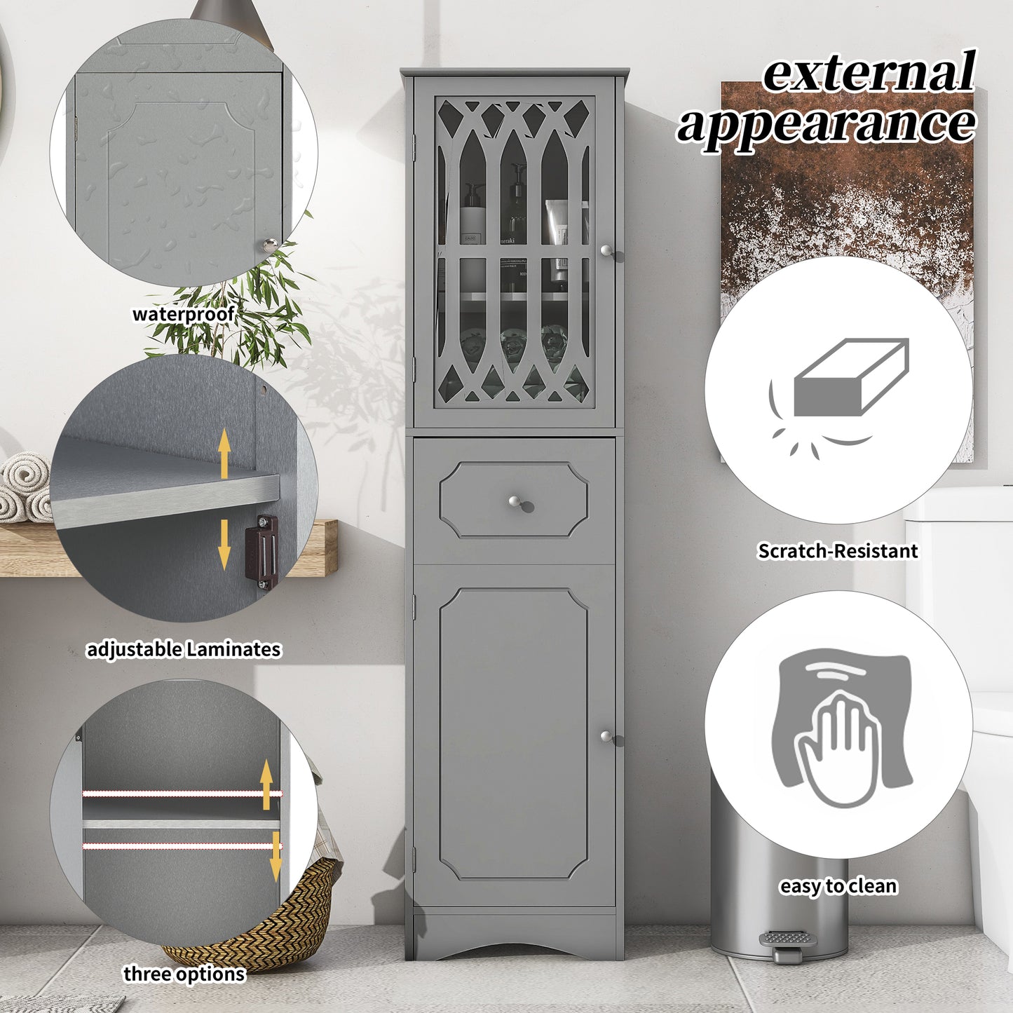 (Z)Grey Premium Feeling Bathroom Floor Cabinet Freestanding Large Storage Space Bathroom Cabinet Multi-purpose Waterproof Bathroom Cabinet Modern Bathroom Cabinet