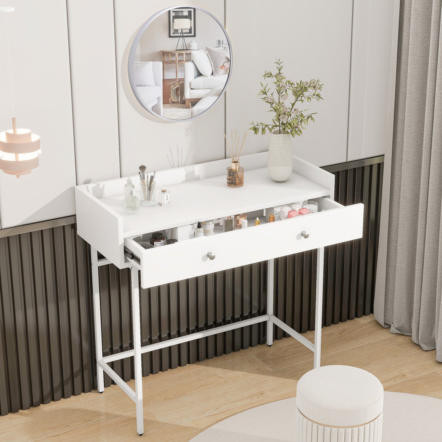 Minimalist White Dressing Table with Mirror Drawer