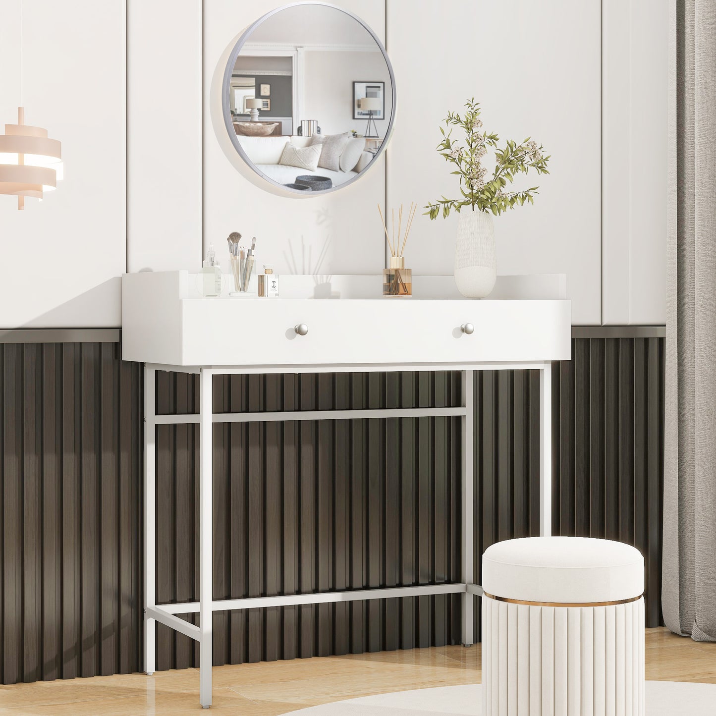 Minimalist White Dressing Table with Mirror Drawer