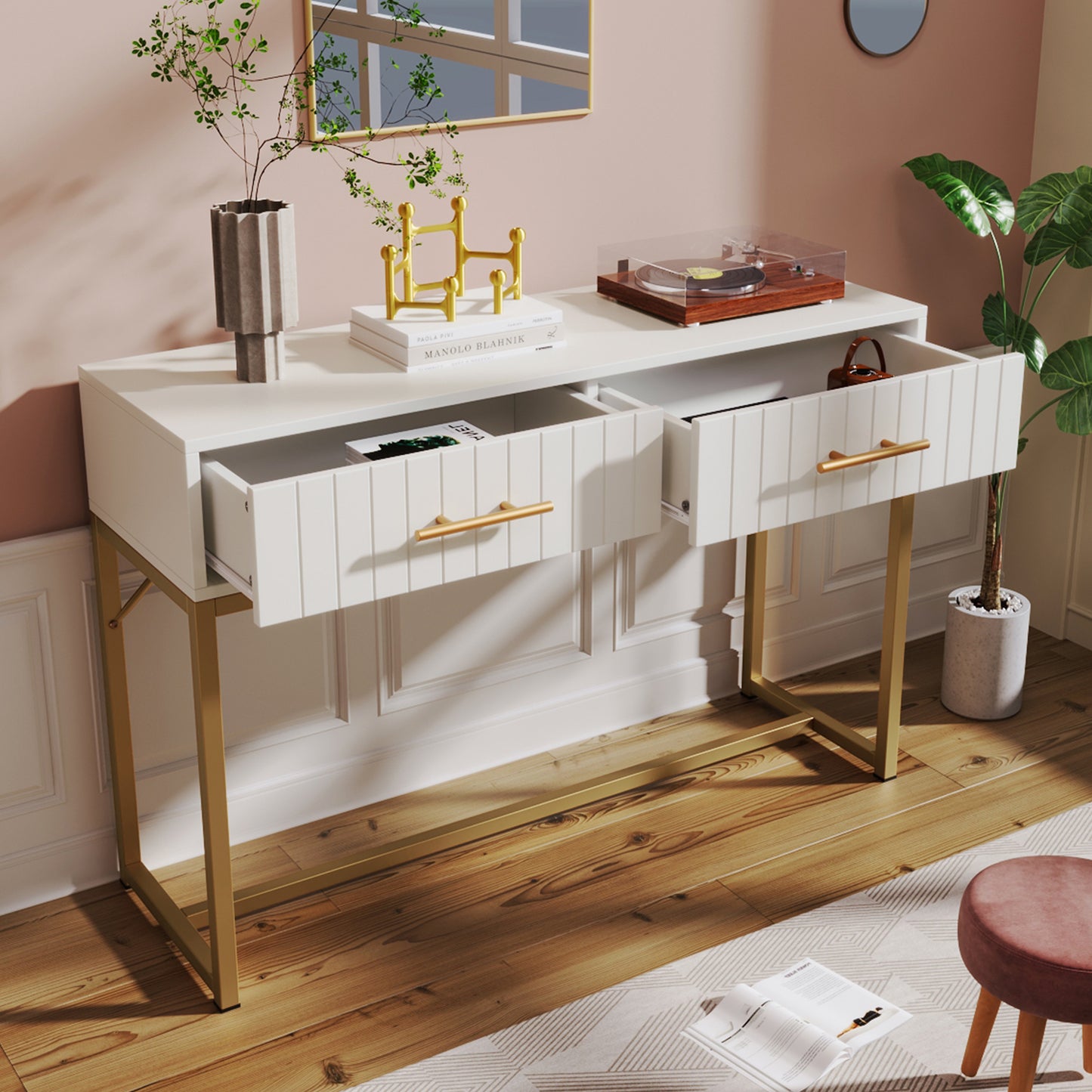 (Z)Dressing Table With 2 Drawers 75cm Height Dresser Bedroom Highboard White Sideboard Drawer Chest For Bedroom White -H75/B100 D45cm