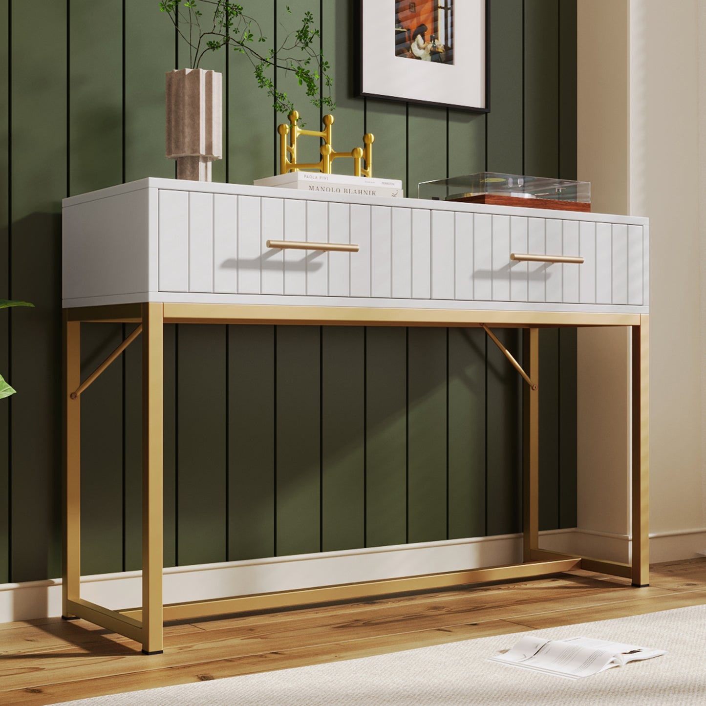 (Z)Dressing Table With 2 Drawers 75cm Height Dresser Bedroom Highboard White Sideboard Drawer Chest For Bedroom White -H75/B100 D45cm