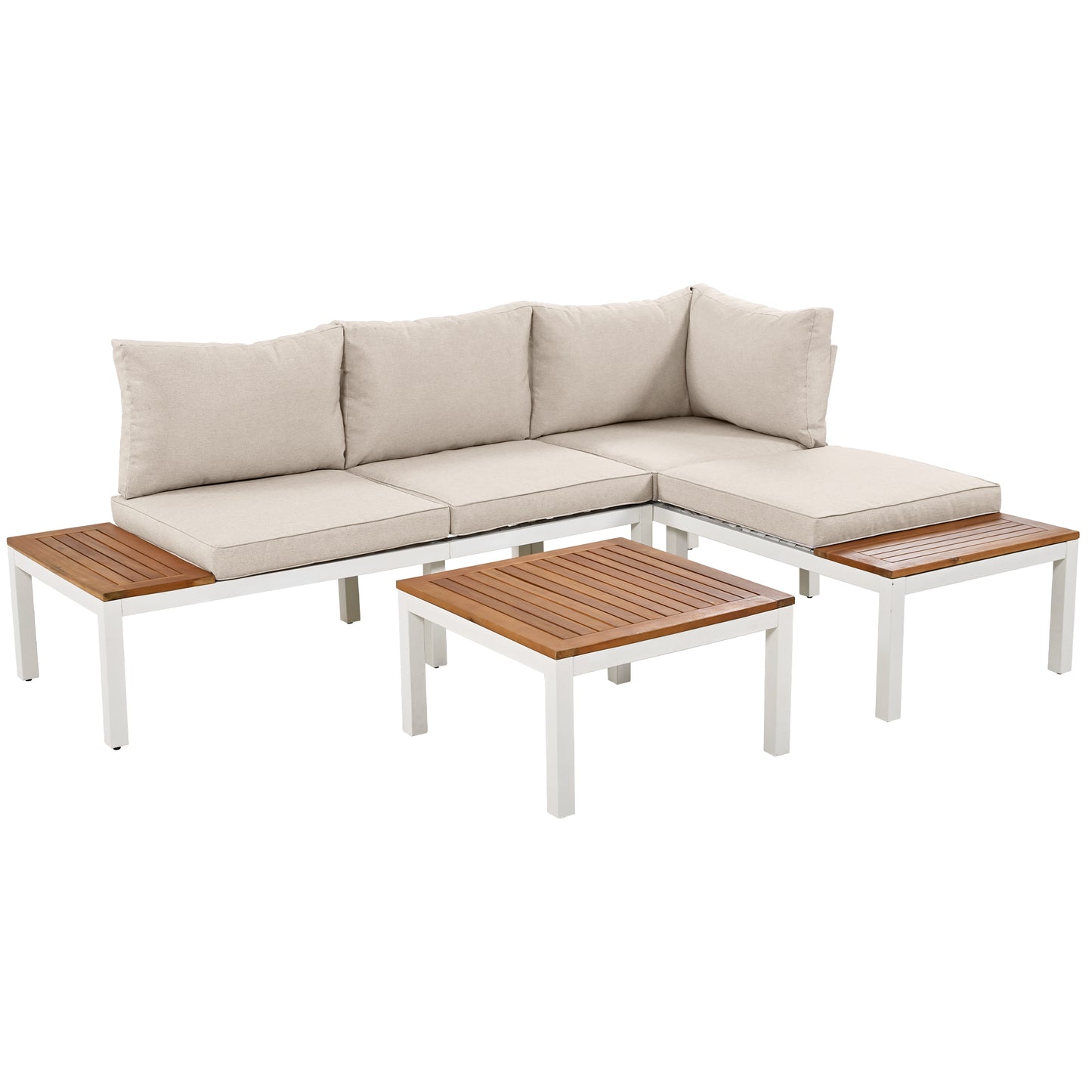 Garden lounge chair set, galvanized steel frame (2 double seats, 2 side tables, 1 table), acacia top, fabric back cover