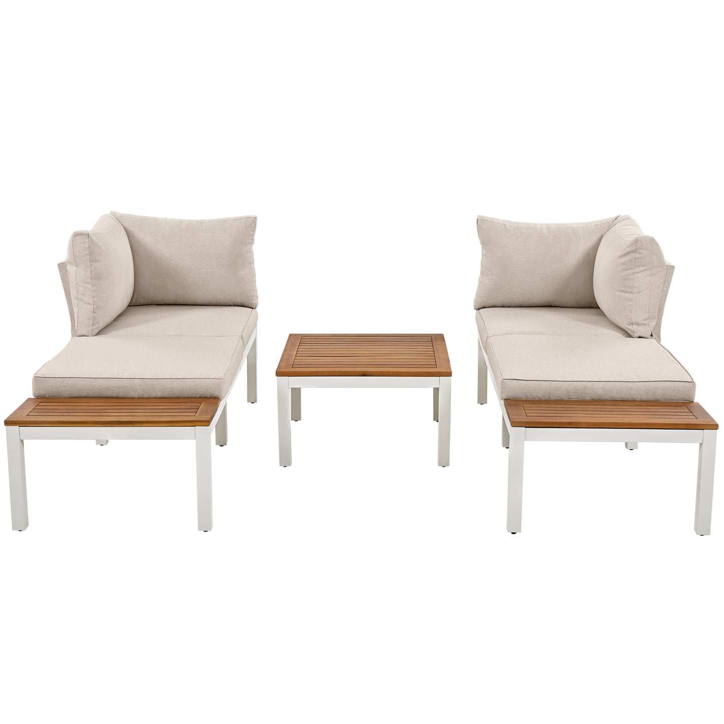 Garden lounge chair set, galvanized steel frame (2 double seats, 2 side tables, 1 table), acacia top, fabric back cover