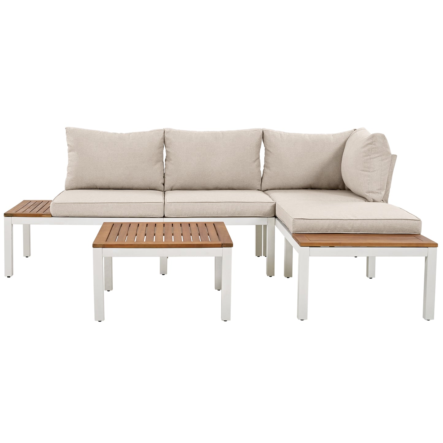 Garden lounge chair set, galvanized steel frame (2 double seats, 2 side tables, 1 table), acacia top, fabric back cover
