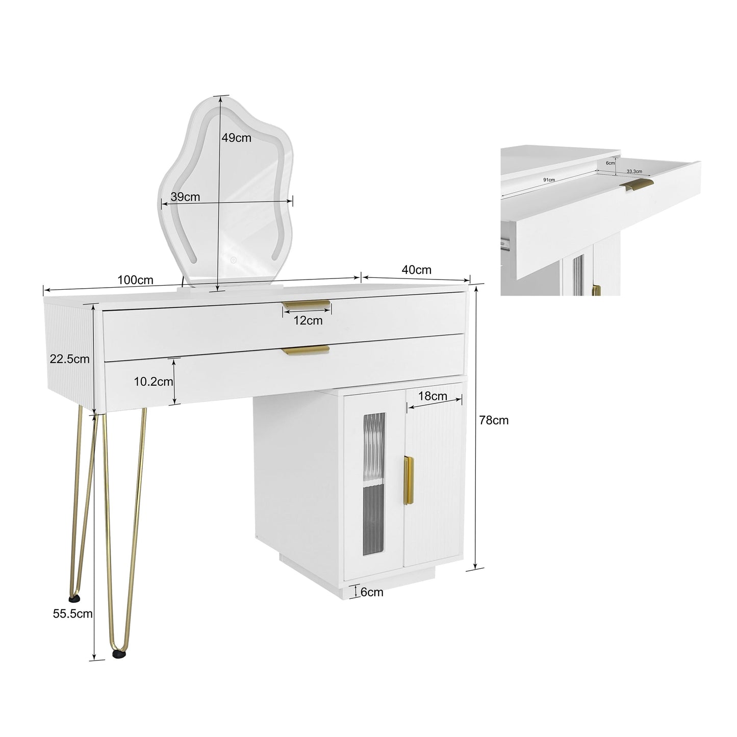 Modern White Vanity Table with Extendable Design and 3-Color LED Mirror - Stylish Bedroom Dressing Table
