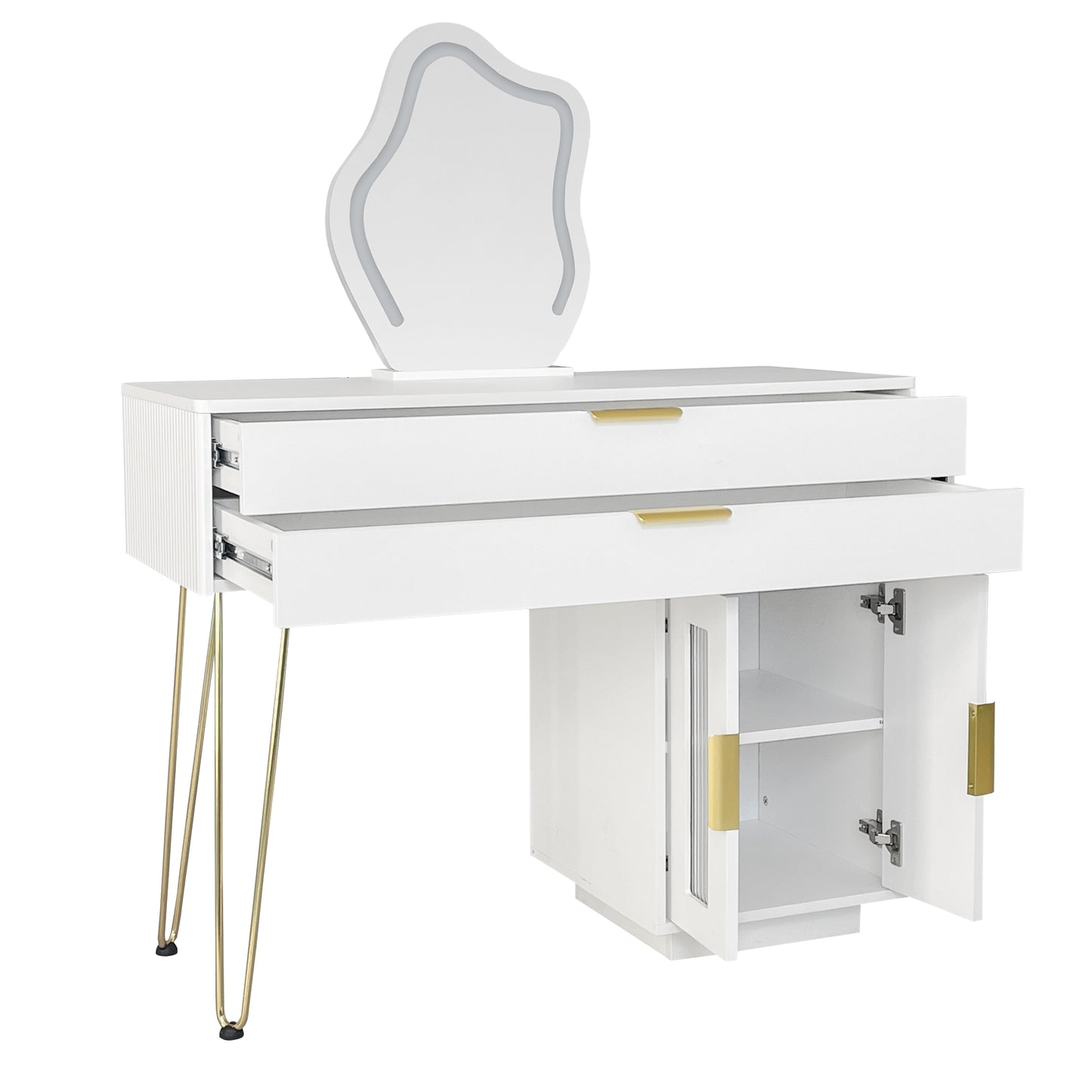Modern White Vanity Table with Extendable Design and 3-Color LED Mirror - Stylish Bedroom Dressing Table