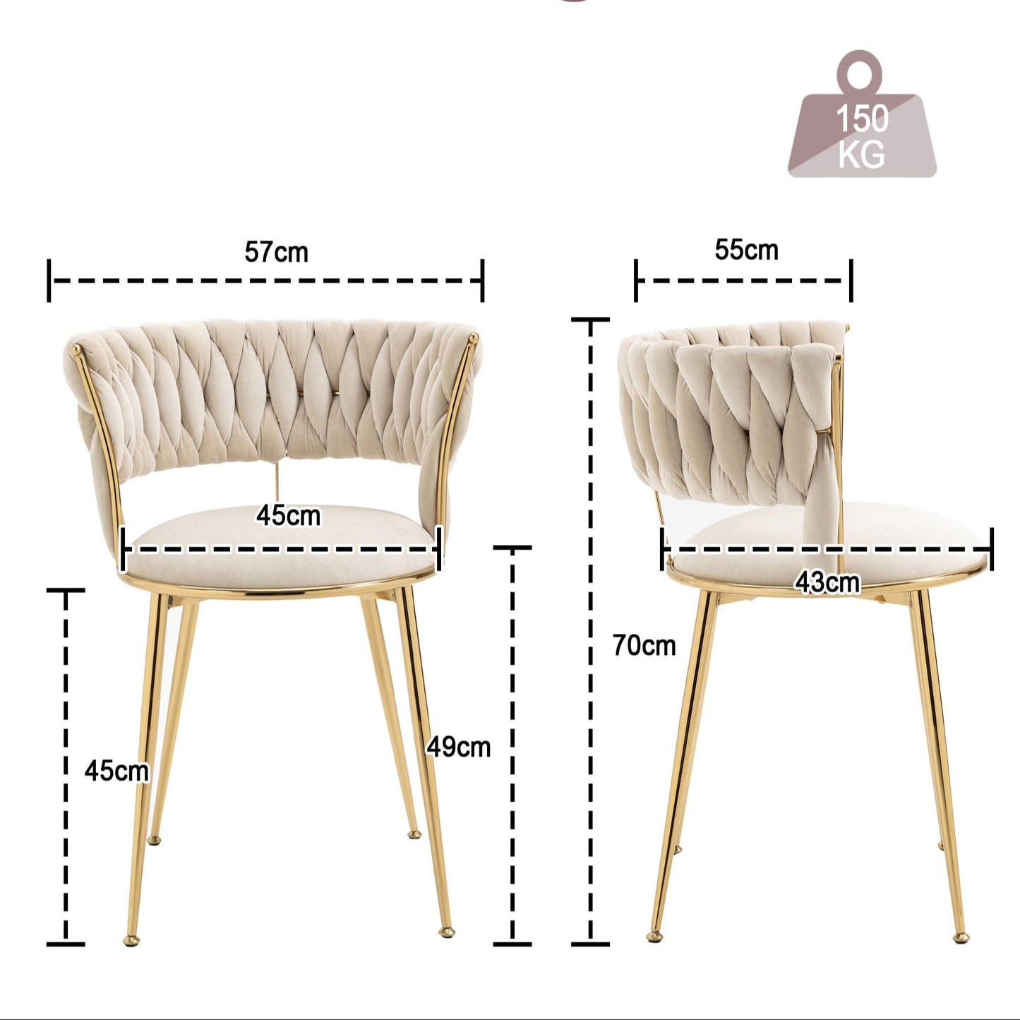 Elegant Ivory Velvet Dining Chairs Set of 2 with Finger-Shaped Backrest & Armrests