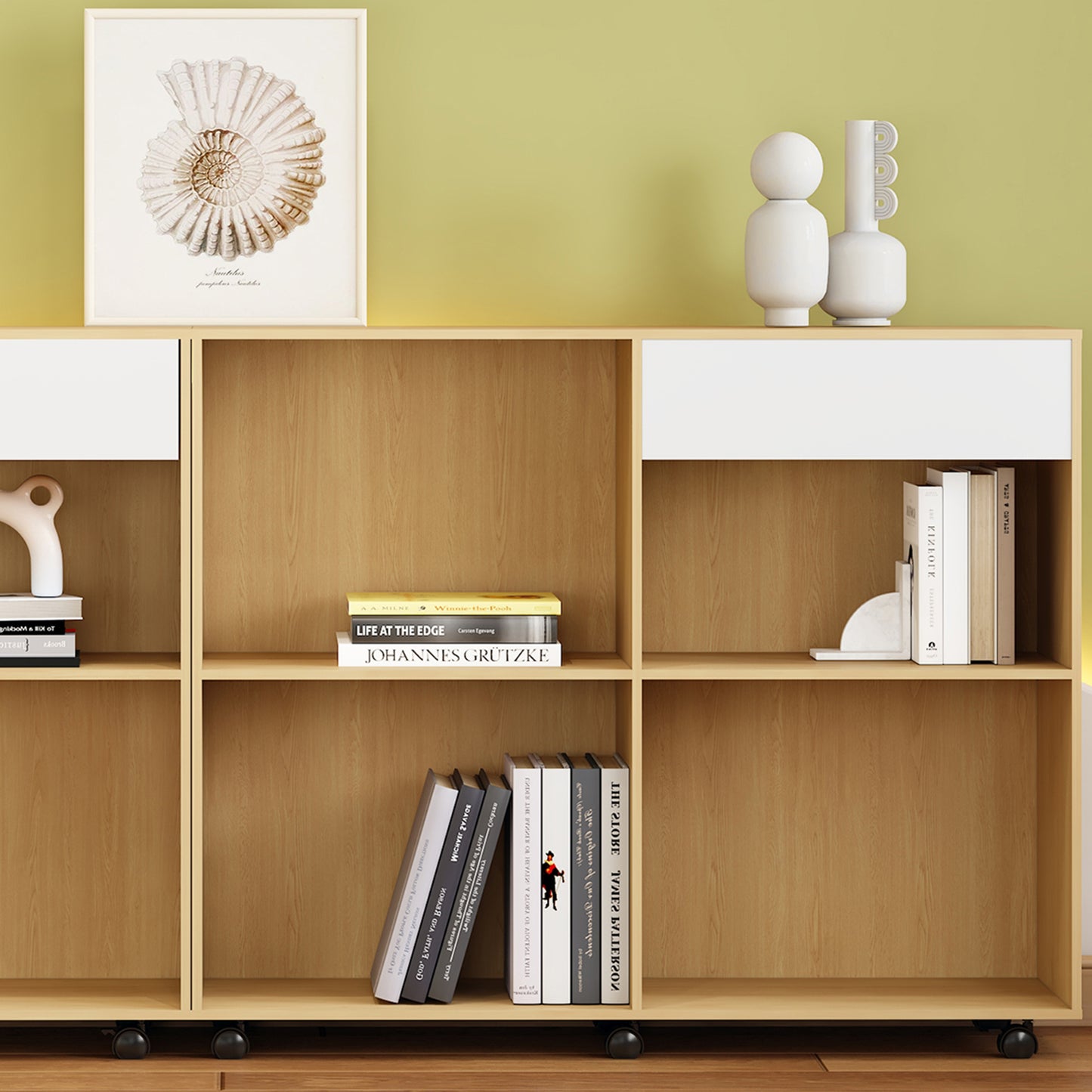 (Z)Elegant 2-Piece Storage Cabinets in Natural & White with Caster Wheels