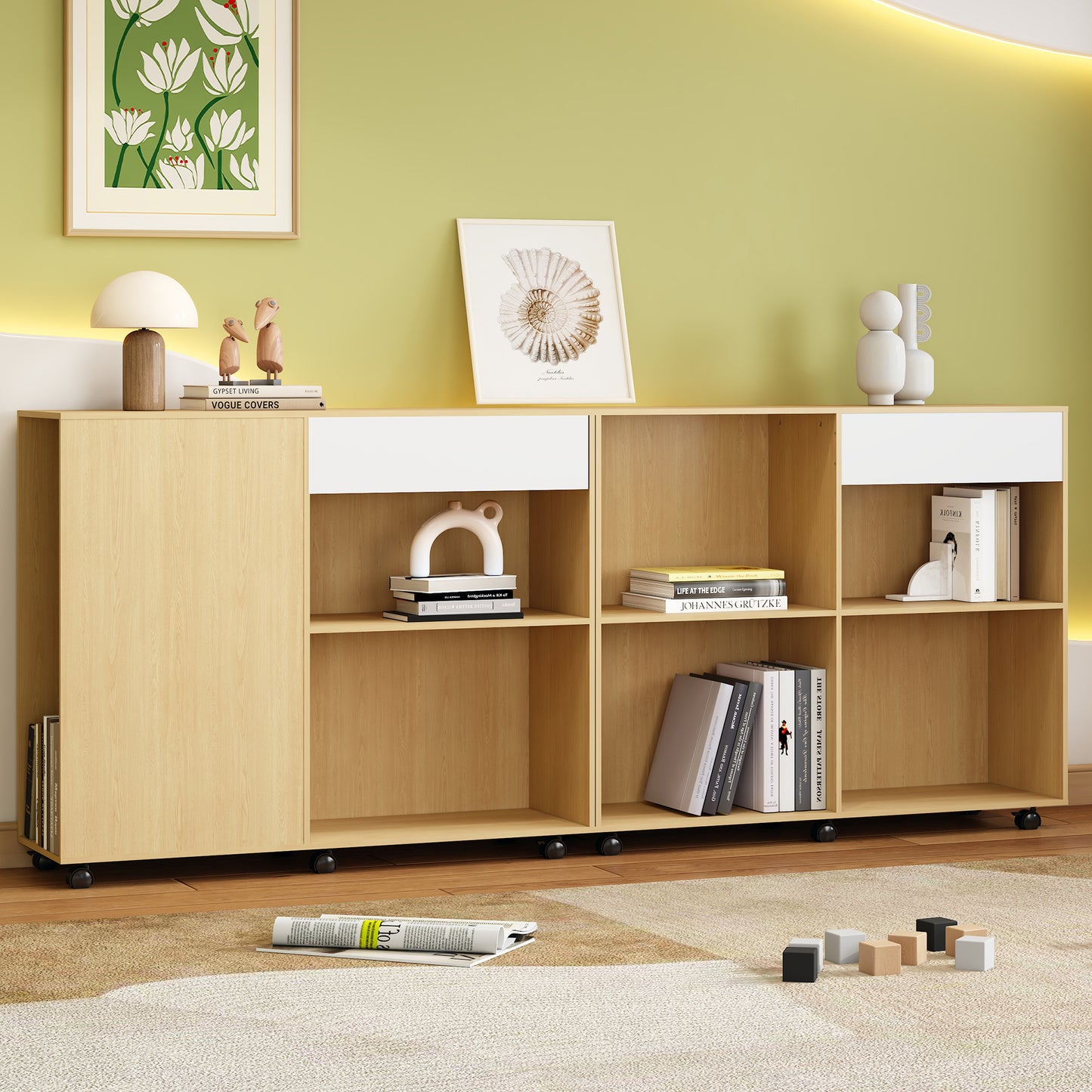 (Z)Elegant 2-Piece Storage Cabinets in Natural & White with Caster Wheels