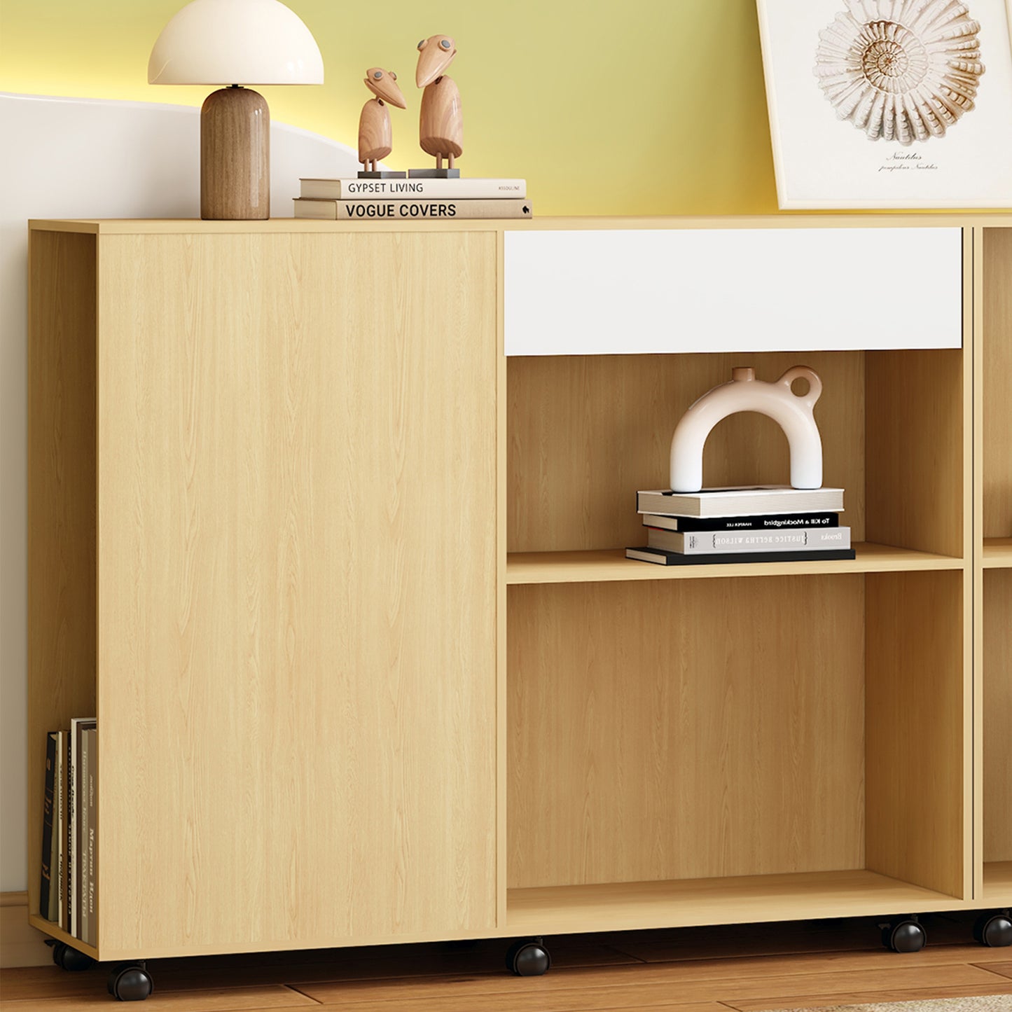 (Z)Elegant 2-Piece Storage Cabinets in Natural & White with Caster Wheels