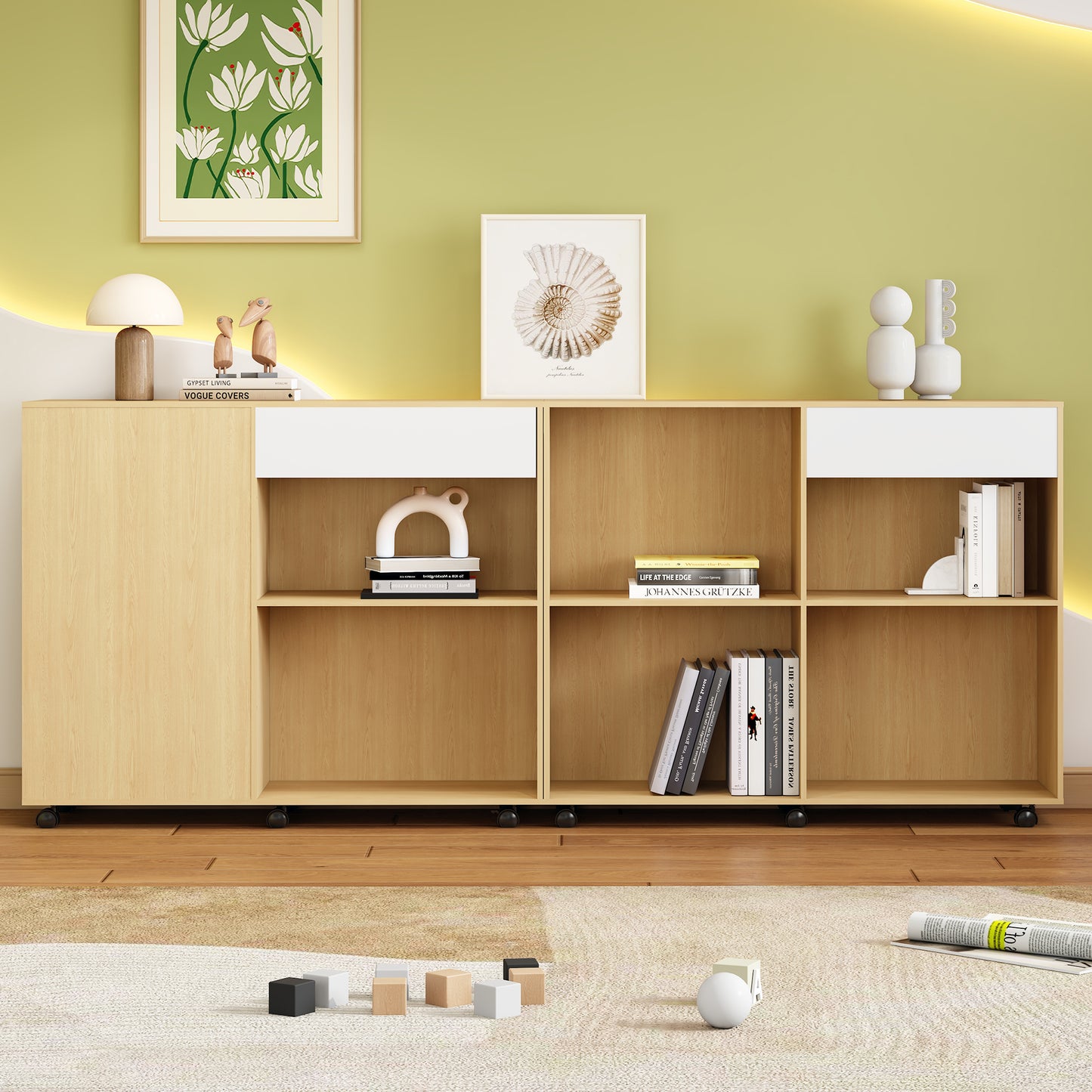 (Z)Elegant 2-Piece Storage Cabinets in Natural & White with Caster Wheels