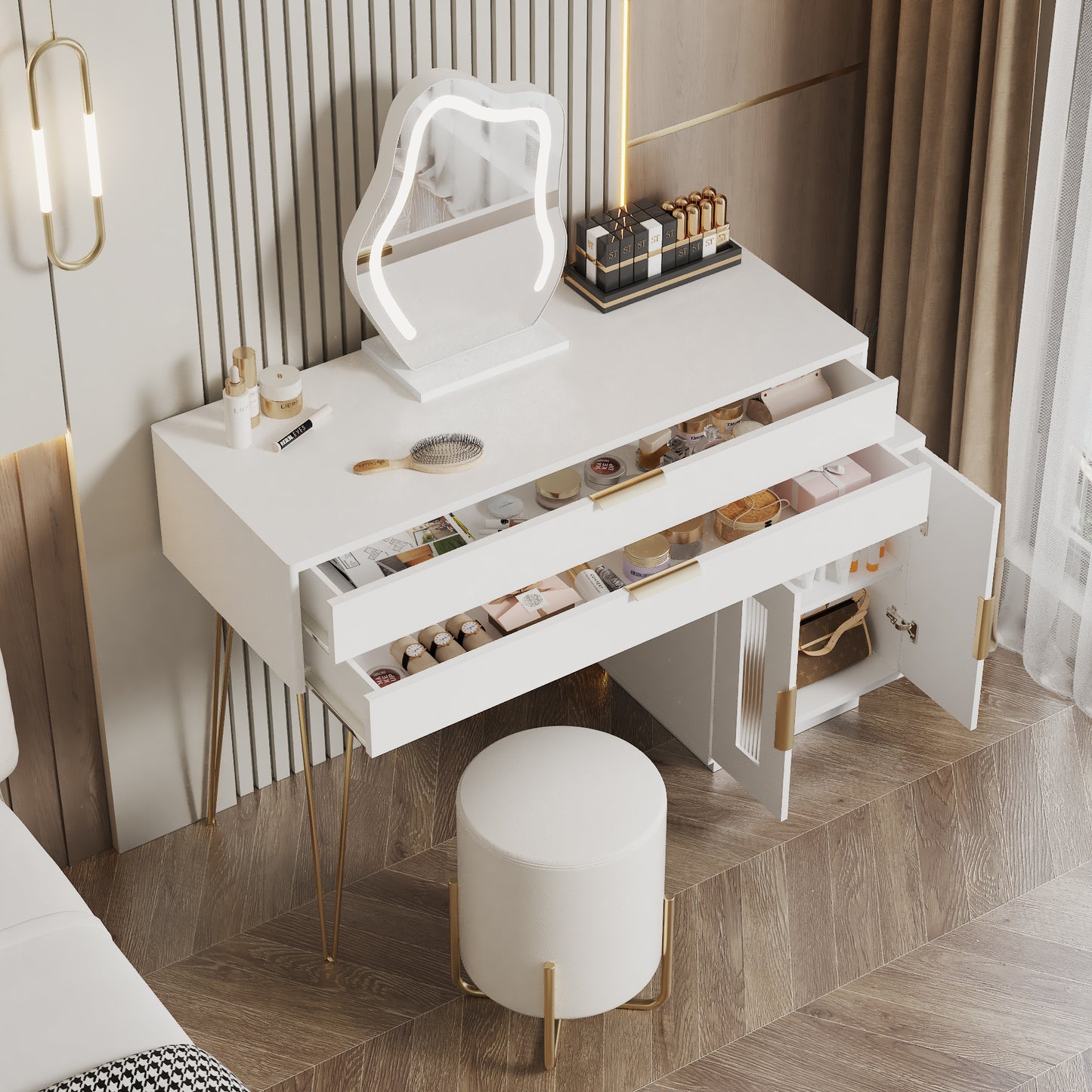 Modern White Vanity Table with Extendable Design and 3-Color LED Mirror - Stylish Bedroom Dressing Table
