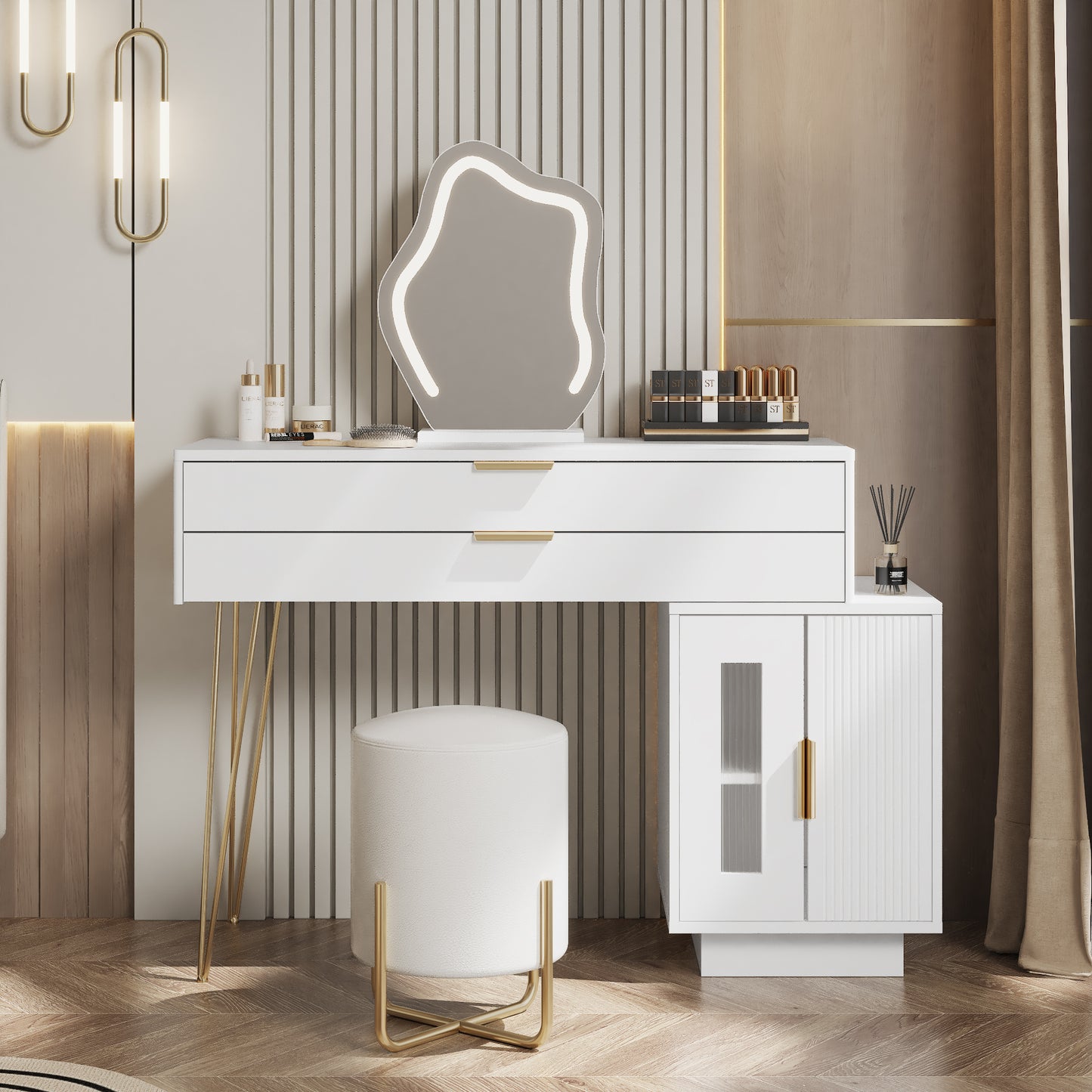 Modern White Vanity Table with Extendable Design and 3-Color LED Mirror - Stylish Bedroom Dressing Table