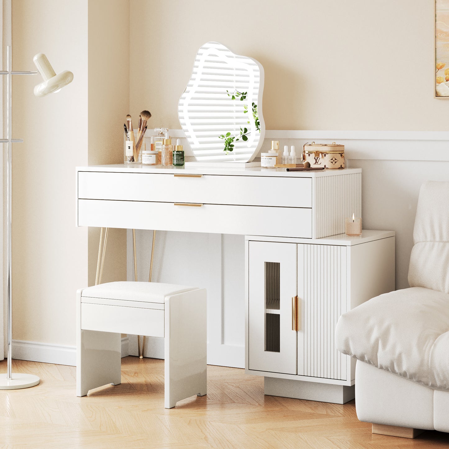 Modern White Vanity Table with Extendable Design and 3-Color LED Mirror - Stylish Bedroom Dressing Table