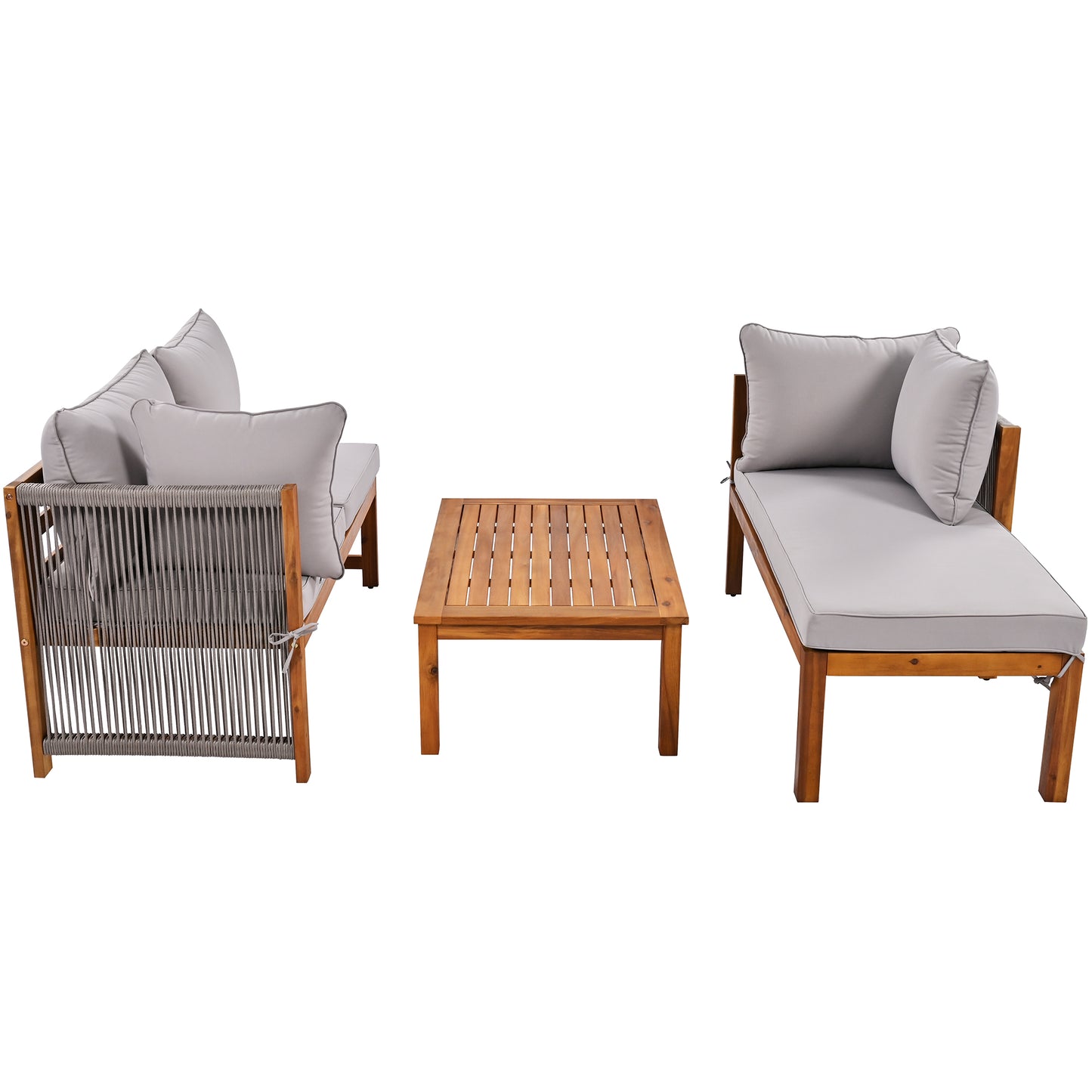 Garden Lounge Chair Set (Set of 3) with Acacia Wood Frame, Grey Rope Armrests, and Adjustable Legs