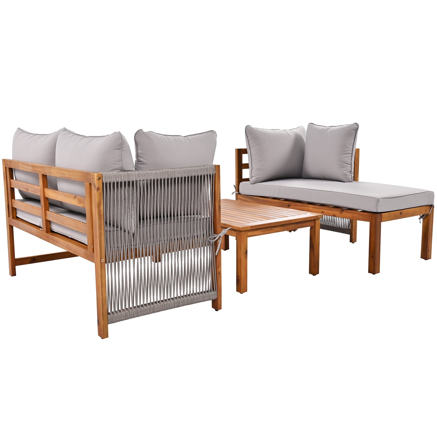 Garden Lounge Chair Set (Set of 3) with Acacia Wood Frame, Grey Rope Armrests, and Adjustable Legs