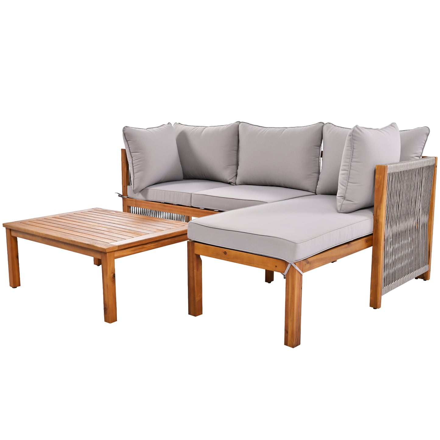 Garden Lounge Chair Set (Set of 3) with Acacia Wood Frame, Grey Rope Armrests, and Adjustable Legs