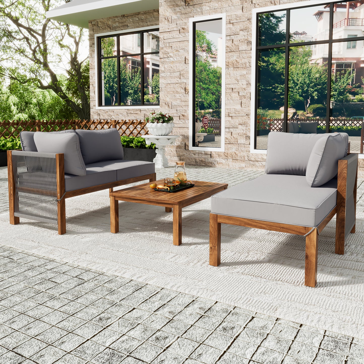 Garden Lounge Chair Set (Set of 3) with Acacia Wood Frame, Grey Rope Armrests, and Adjustable Legs