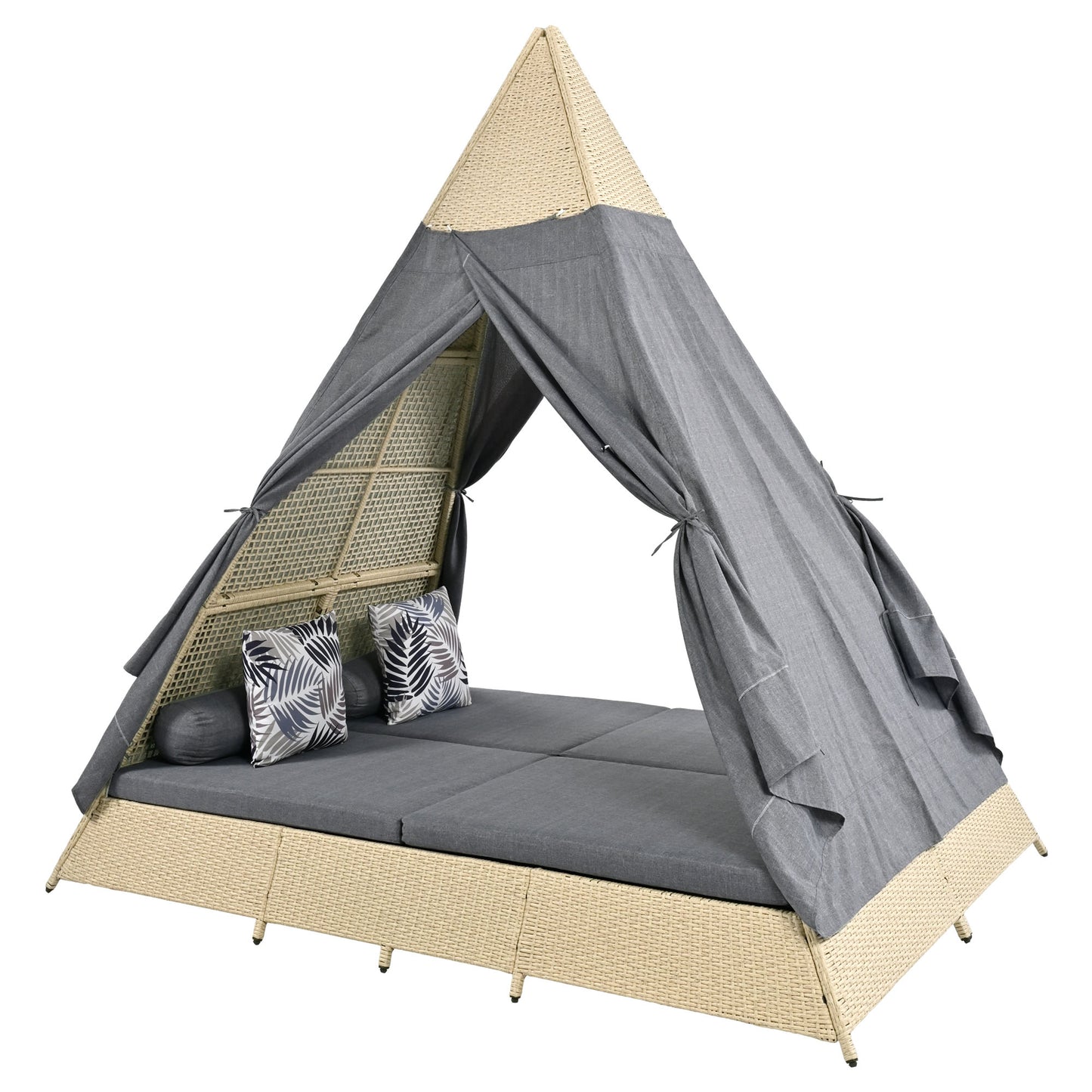 Grey Rattan Garden Lounge Set with Tent, Grey Door Curtain, Removable & Washable Seat Cushions for 2-4 People