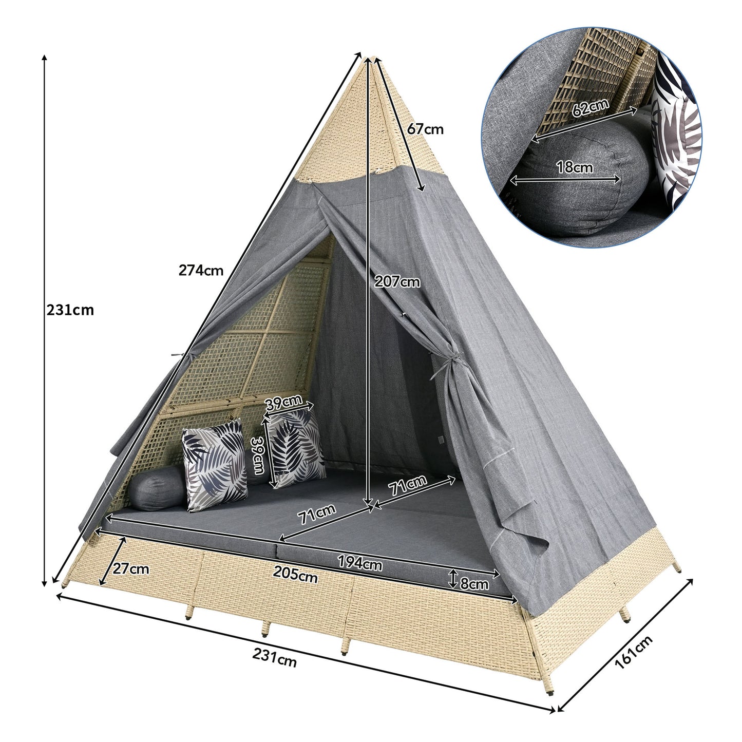 Grey Rattan Garden Lounge Set with Tent, Grey Door Curtain, Removable & Washable Seat Cushions for 2-4 People