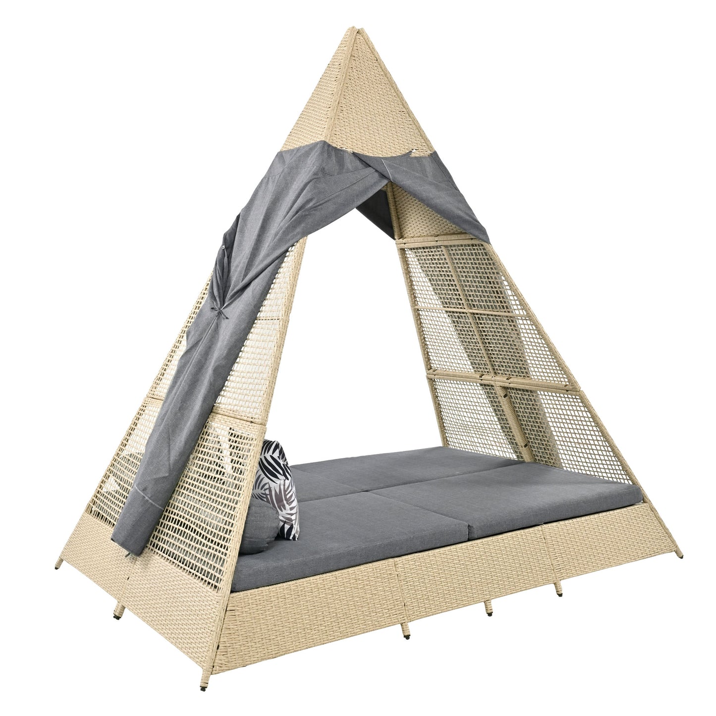 Grey Rattan Garden Lounge Set with Tent, Grey Door Curtain, Removable & Washable Seat Cushions for 2-4 People