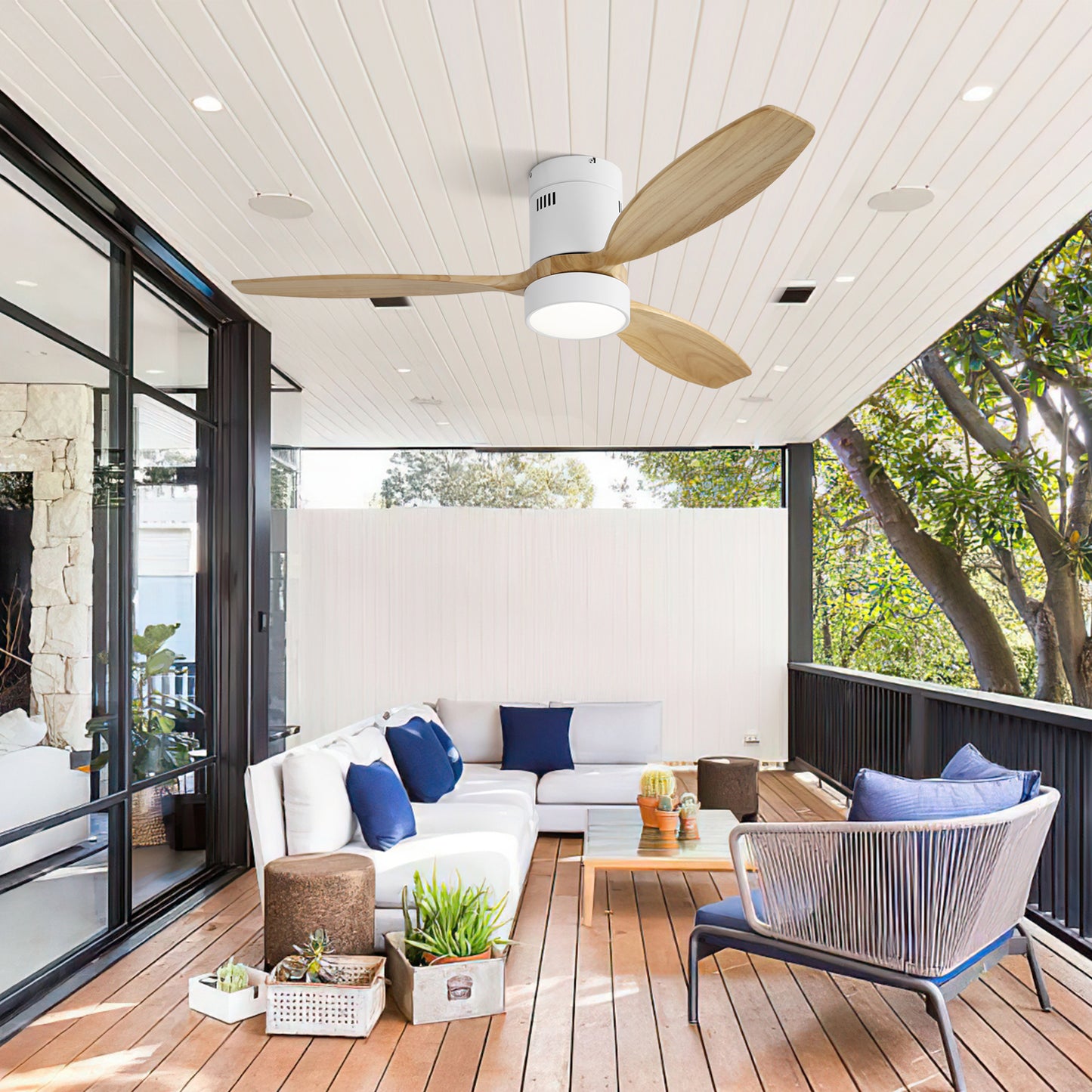 52" Flush Mount Ceiling Fan with DC Motor, 3 Solid Wood Blades, Noiseless Reversible Motor, Remote Control & Light