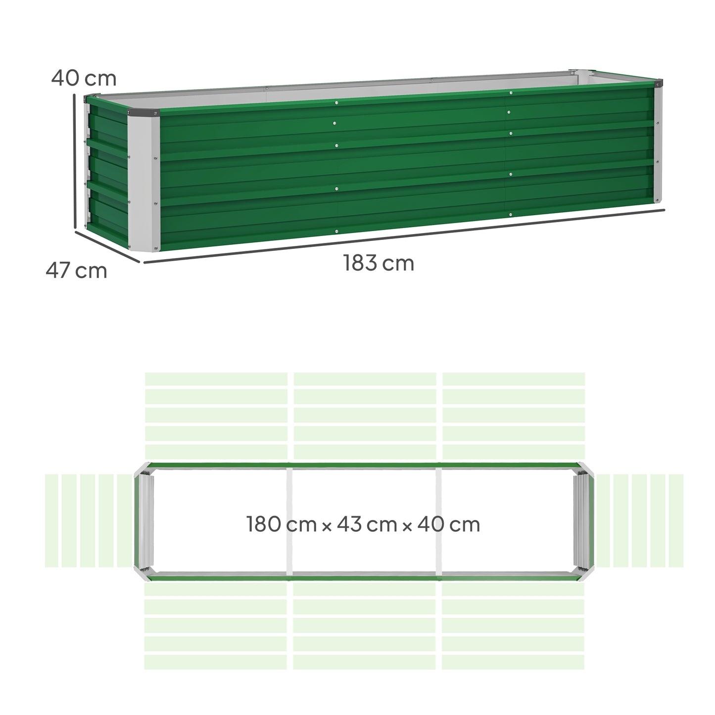 Garden bed planter box made of steel 183 x 47 x 40 cm with gloves, green, for vegetables and flowers