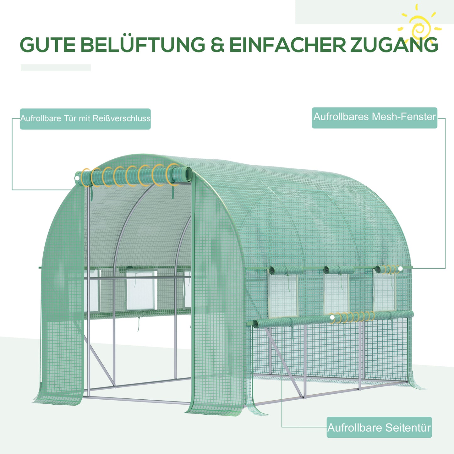 Plastic greenhouse 2.95x2x2m tunnel walkable with 6 windows UV protection for plant cultivation in the garden