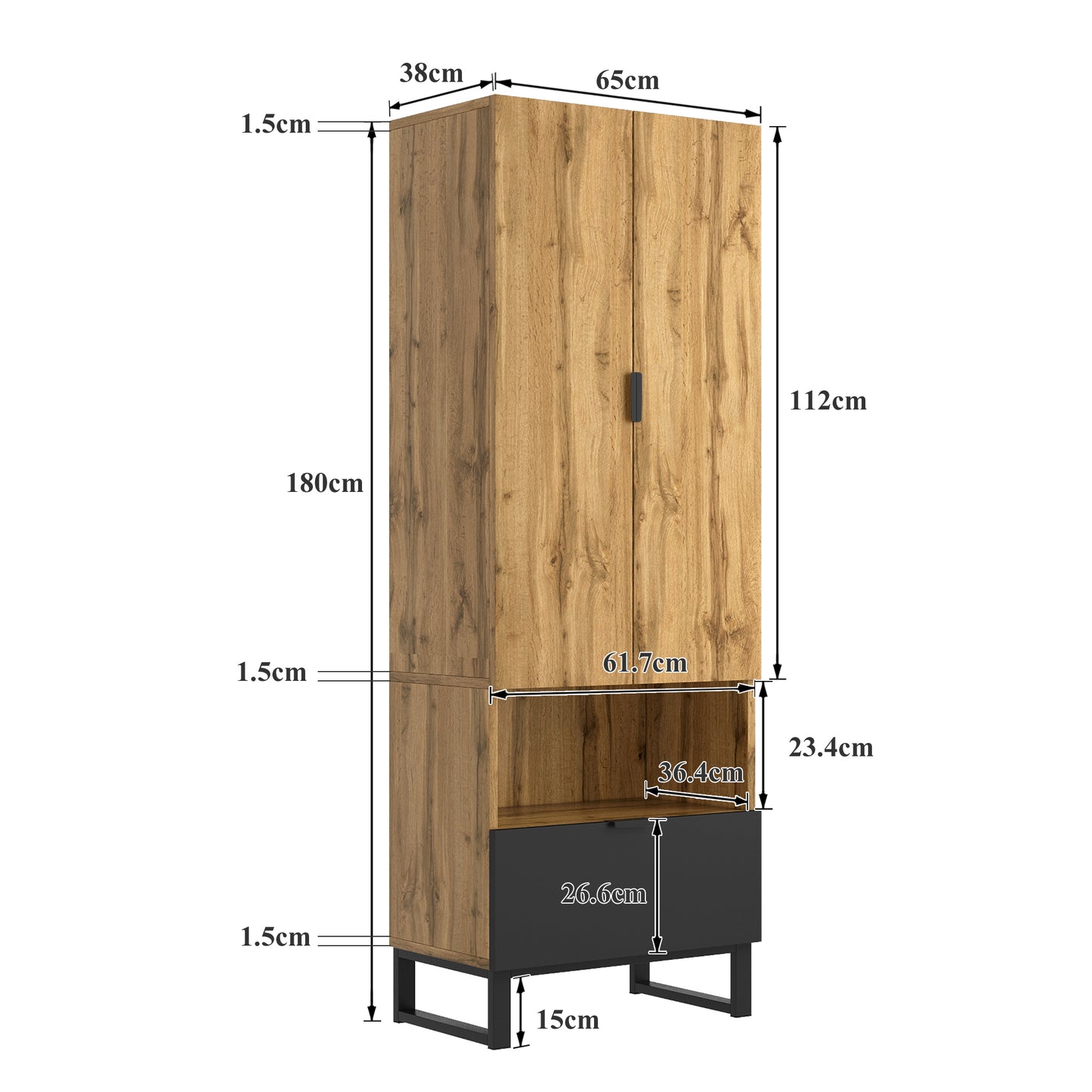 1-Drawer Wardrobe with Adjustable Shelves and Clothes Rail - 1 Compartment, Space-Saving Design
