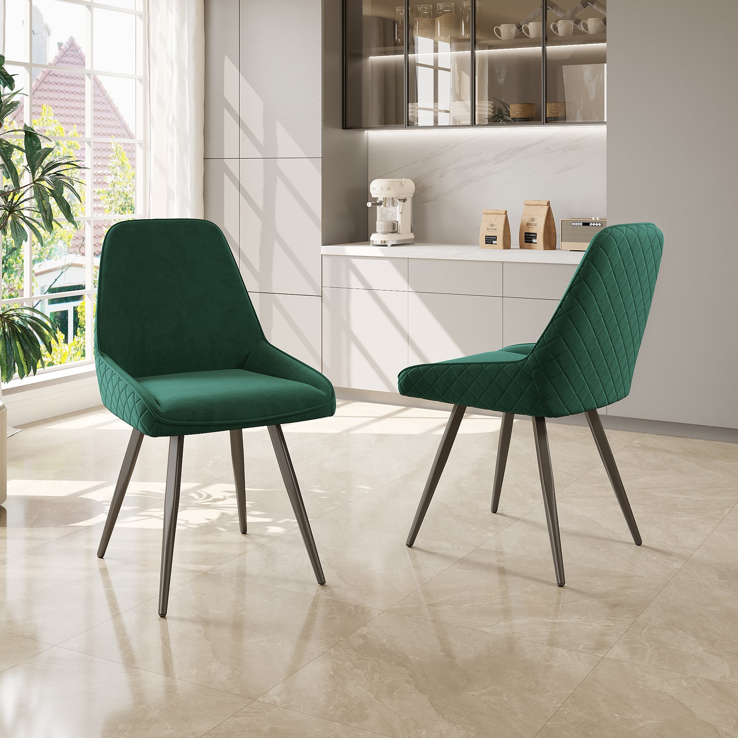 Dark Green Upholstered Dining Chairs-Metal Legs, Ergonomic Design, Set of 2