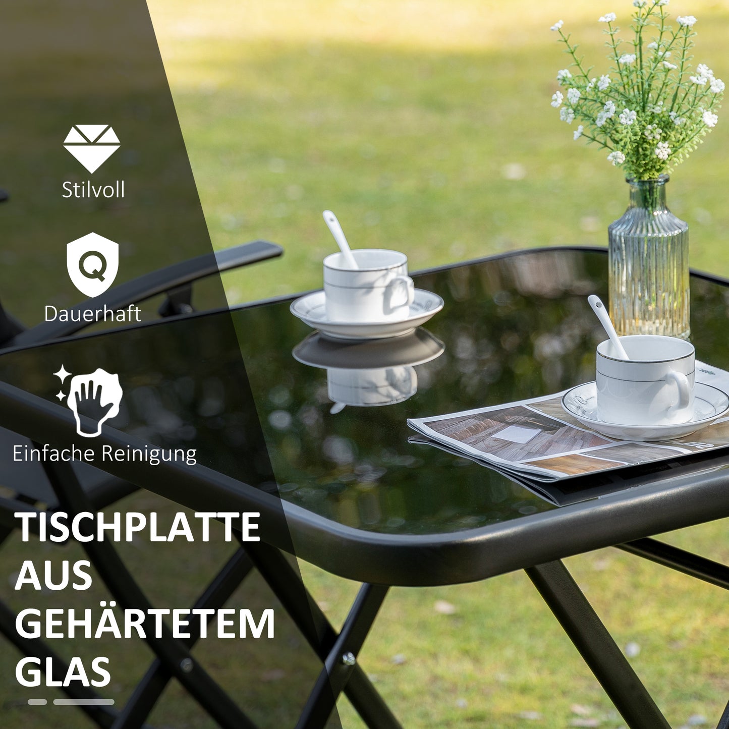 Folding balcony set with table and 2 chairs, made of black and grey metal mesh, suitable for gardens and terraces