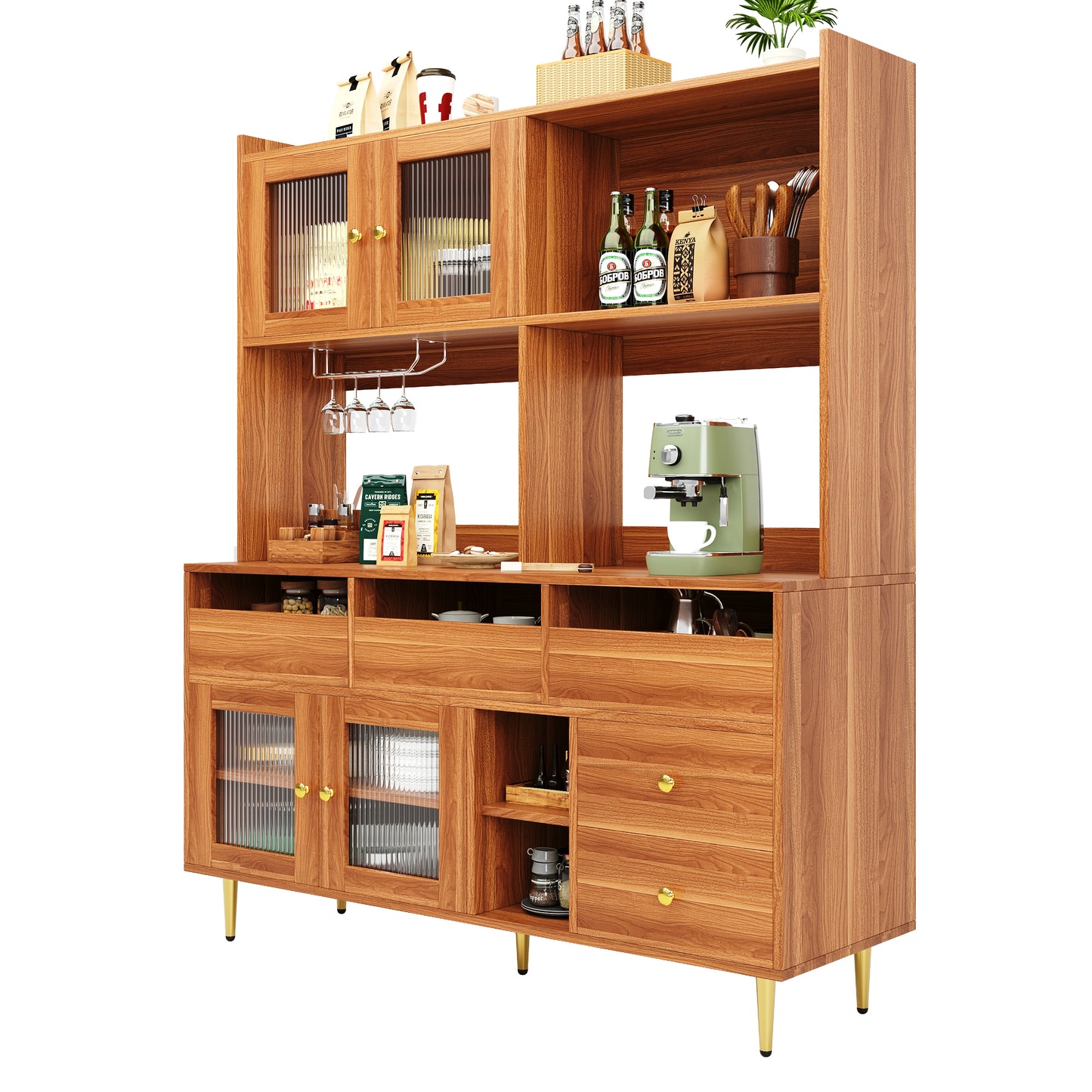Restaurant Tall Cabinet with Changhong Glass Door, Wine Glass Rack, and Multi-Layer Storage (145x39x171cm)