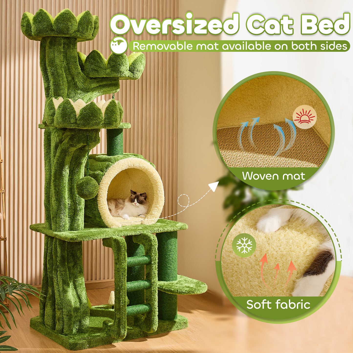 80.3" Deluxe Lotus Cat Tree for Indoor Adult Cats with 2 Hidden Cat Feeding Holes, Ladder, Double-Sided Pad House, 2 Sisal Scratching Posts