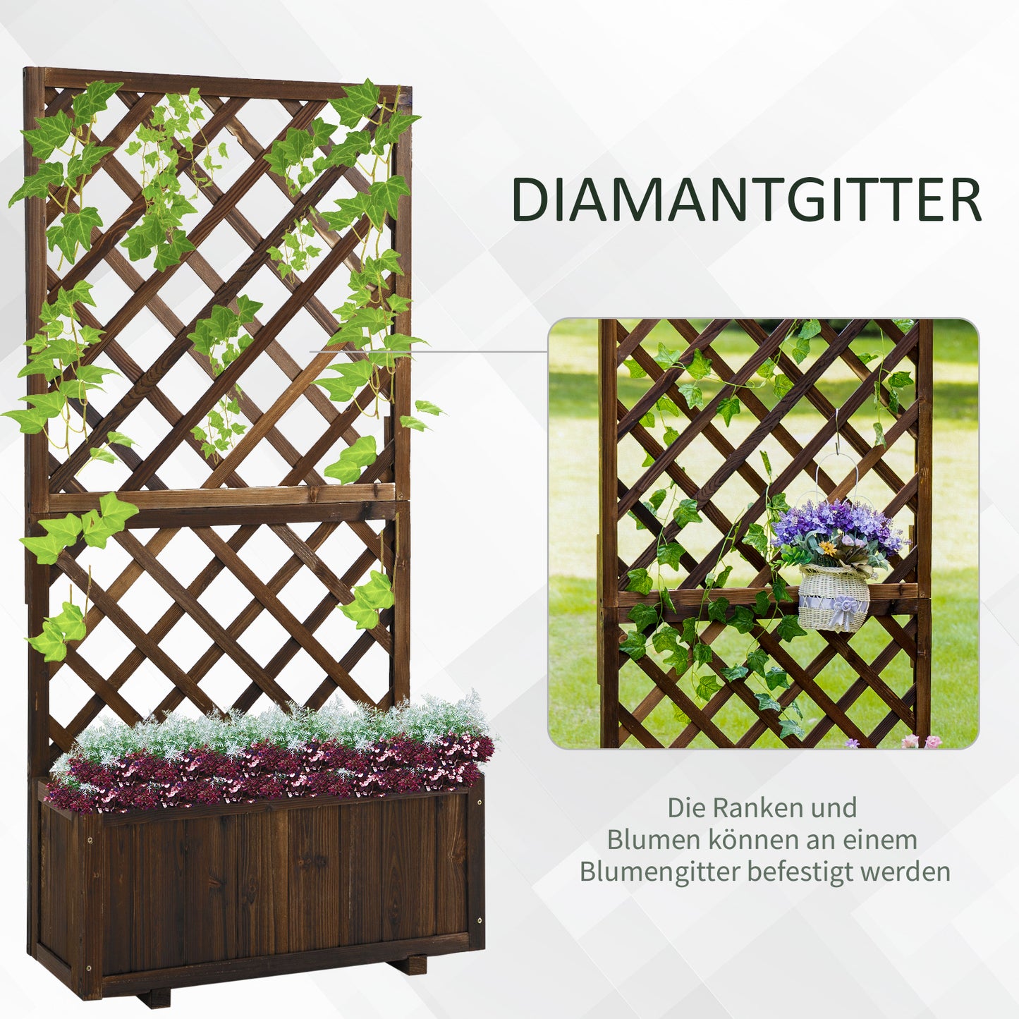The raised bed comes with a wooden trellis flower box and measures 72.5x31.5x149.5 cm, perfect for climbing plants and roses in the garden