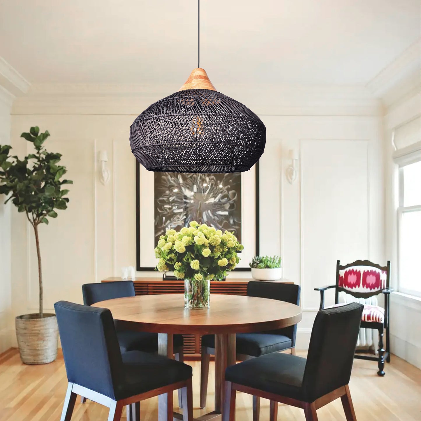 (X) Black Handcrafted Rattan Gourd Shaped Chandelier, Natural Modern Minimalist Lamps for Bedroom and Living Room