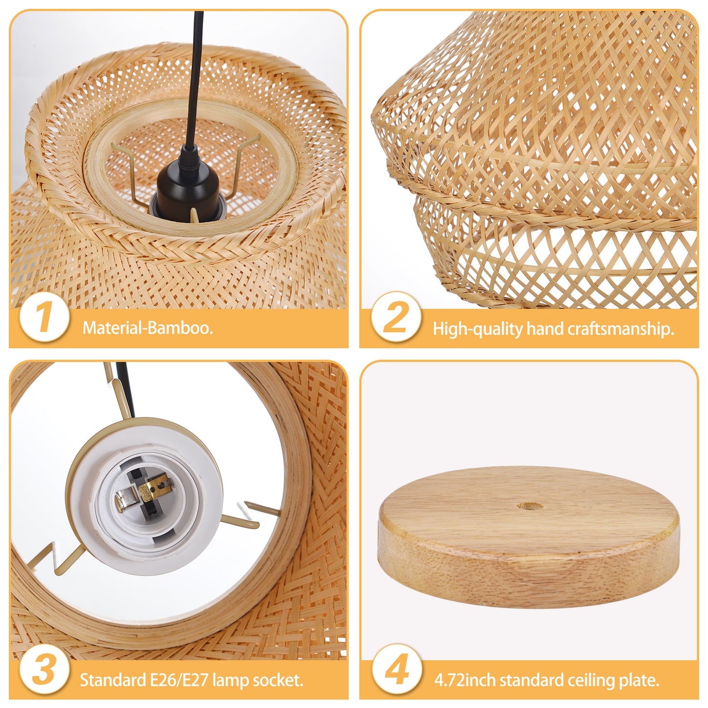 (Q)Handmade Rattan Pendant Light, Countryside Style Double-Layer Lampshade Pendant Light, Suitable for Bedrooms, Living Rooms, Kitchens