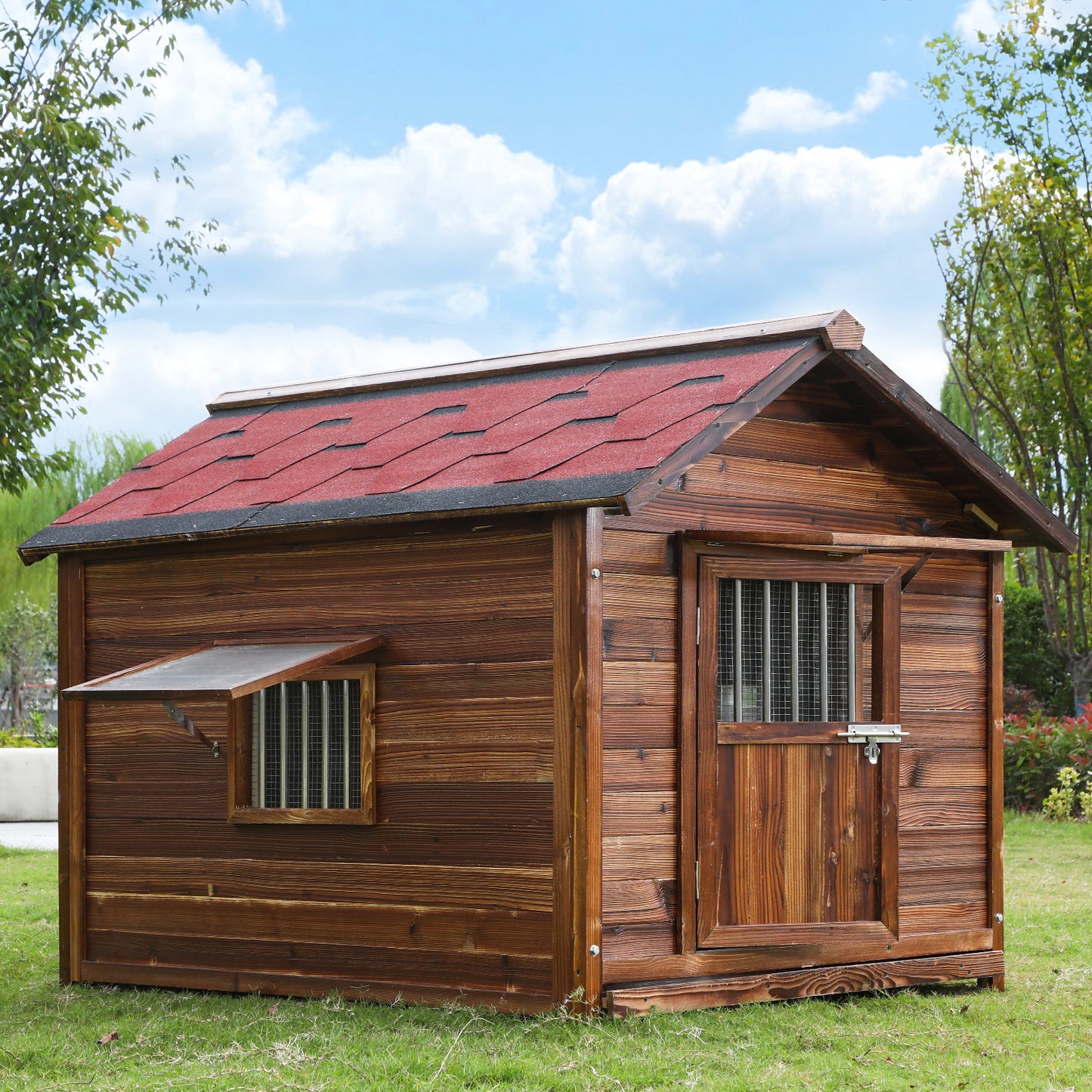 Outdoor Dog House Weatherproof with Window, Pine Wood Dog House with Elevated Floor for Large Dogs, Extra Large Dog House with Waterproof Roof