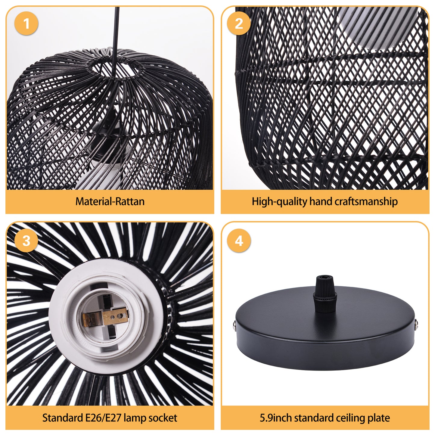 (Q)11.8 Inch Black Rattan Hand Woven Pendant Light, Bohemian Style Rattan Woven Pendant Light, Suitable for Bedrooms, Living Rooms, Kitchens