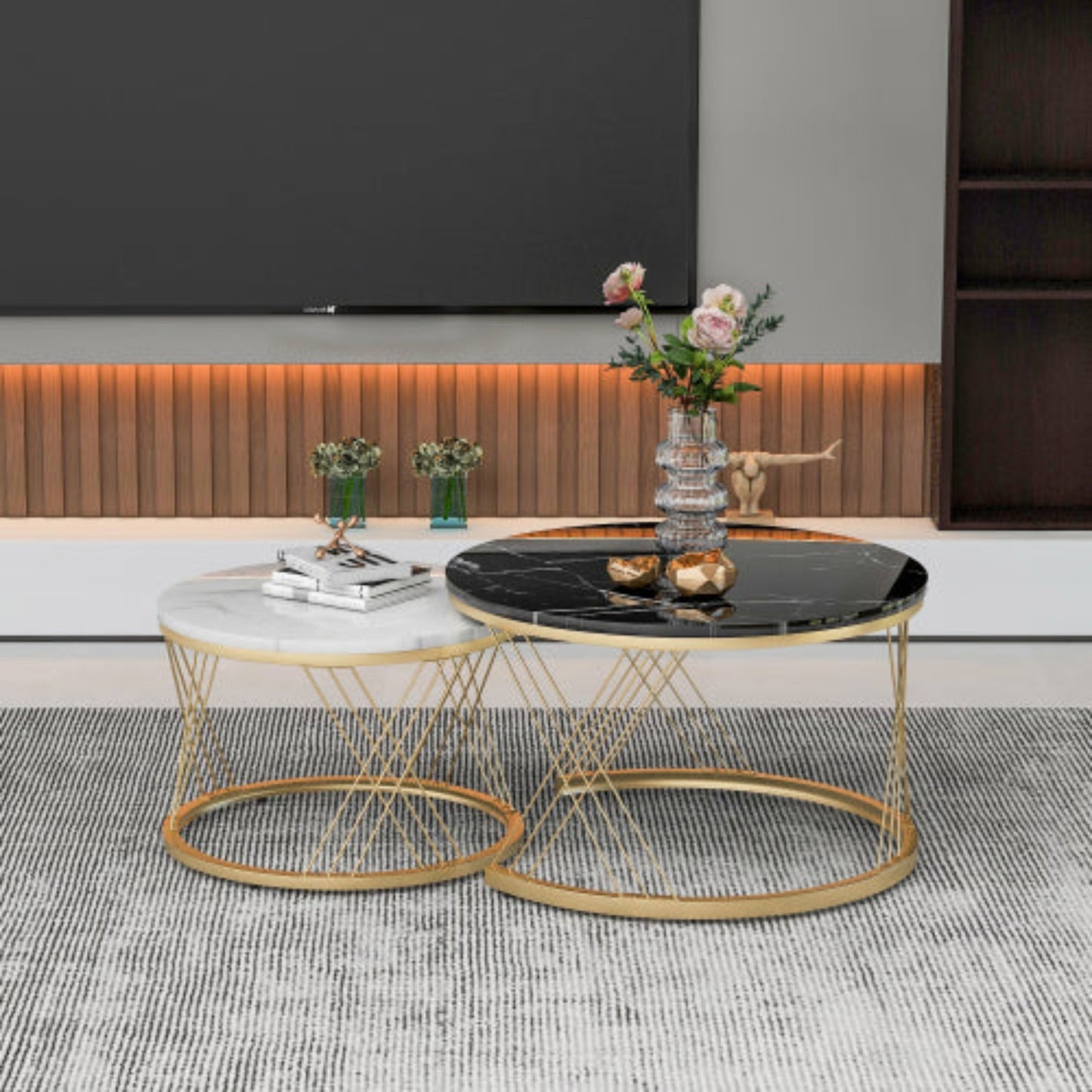 Golden Modern Nesting Coffee Tables,Marble Veneer, Round Set of 2