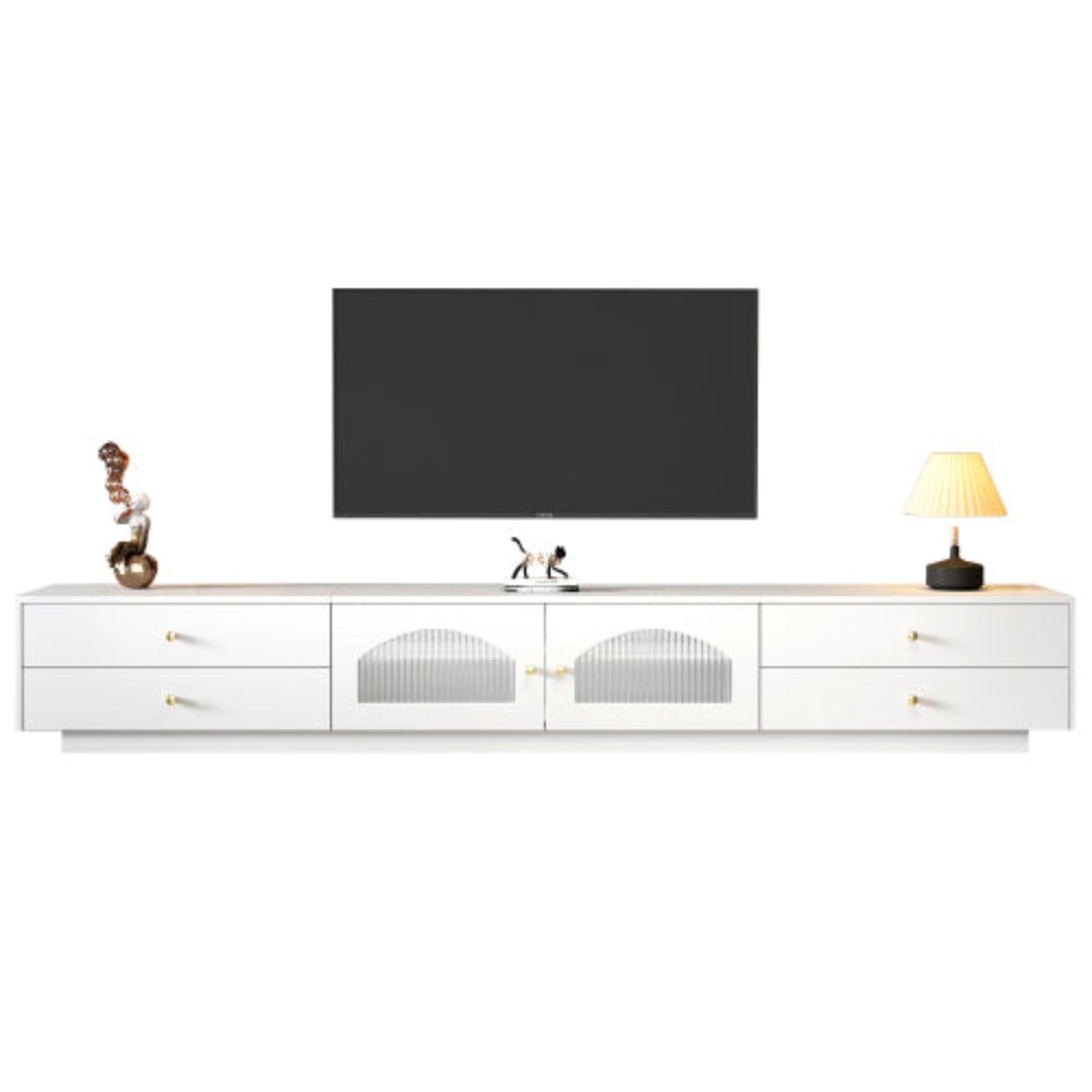 White TV Cabinet with 4 Drawers and 2 Glass Doors for 90 Inch TV