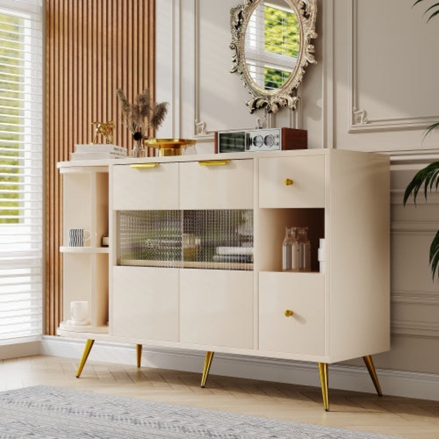 Beige Wooden Sideboard-Sliding Glass Doors, LED Lights, DiningLiving Room Storage Cabinet
