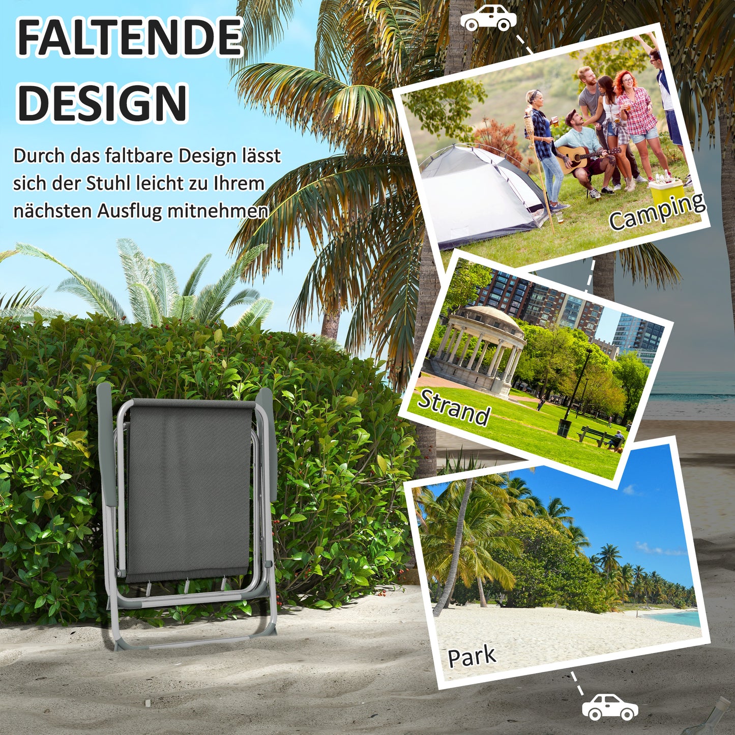 Garden folding chair 4-piece set with backrest armrests, garden balcony camping chair Oxford gray
