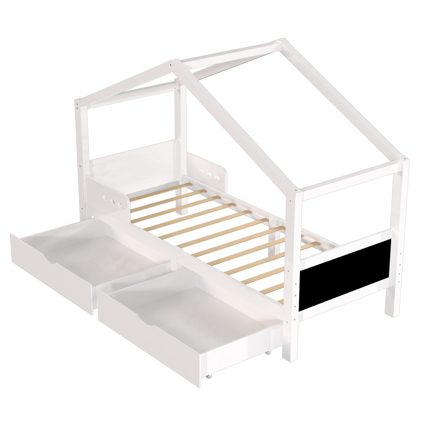 90x200cm White Pine Children's Bed with Double Drawers & Fall Protection