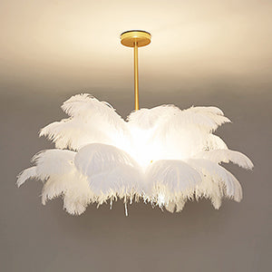 (M)White Feather Chandelier Modern Brass Pendant Light LED for Bedroom Living Room