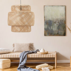 (M)Bamboo Pendant Lighting Drum Handmade Lampshade Fixture for Living Room