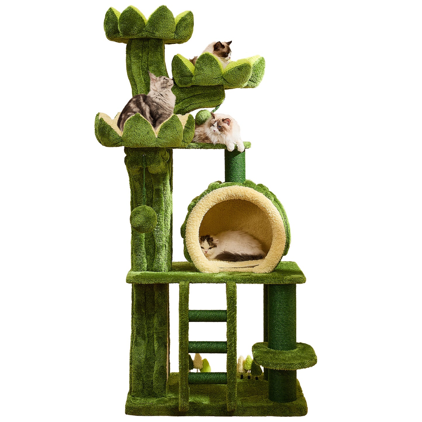 80.3" Deluxe Lotus Cat Tree for Indoor Adult Cats with 2 Hidden Cat Feeding Holes, Ladder, Double-Sided Pad House, 2 Sisal Scratching Posts