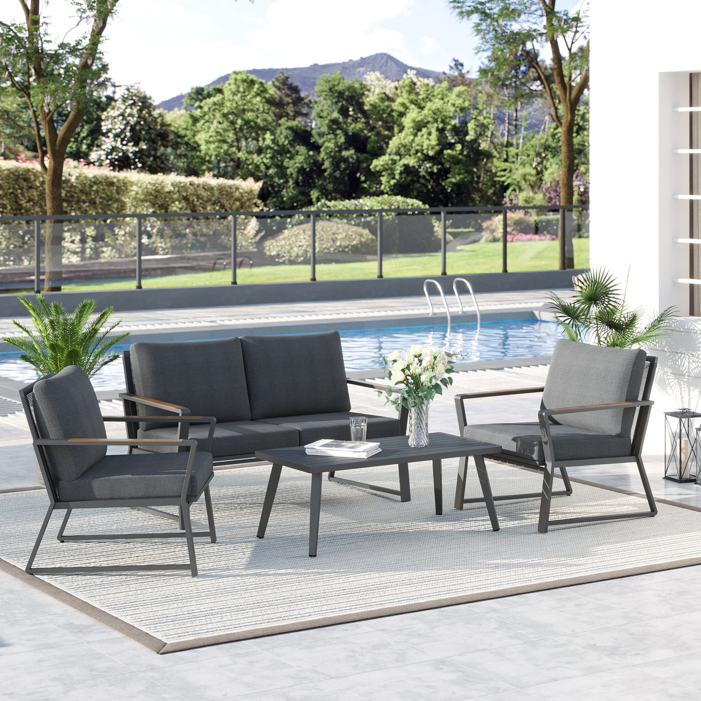 Garden furniture set for 4 people, sofa with armchair and side table, poly rattan and aluminum, grey, weatherproof and modern