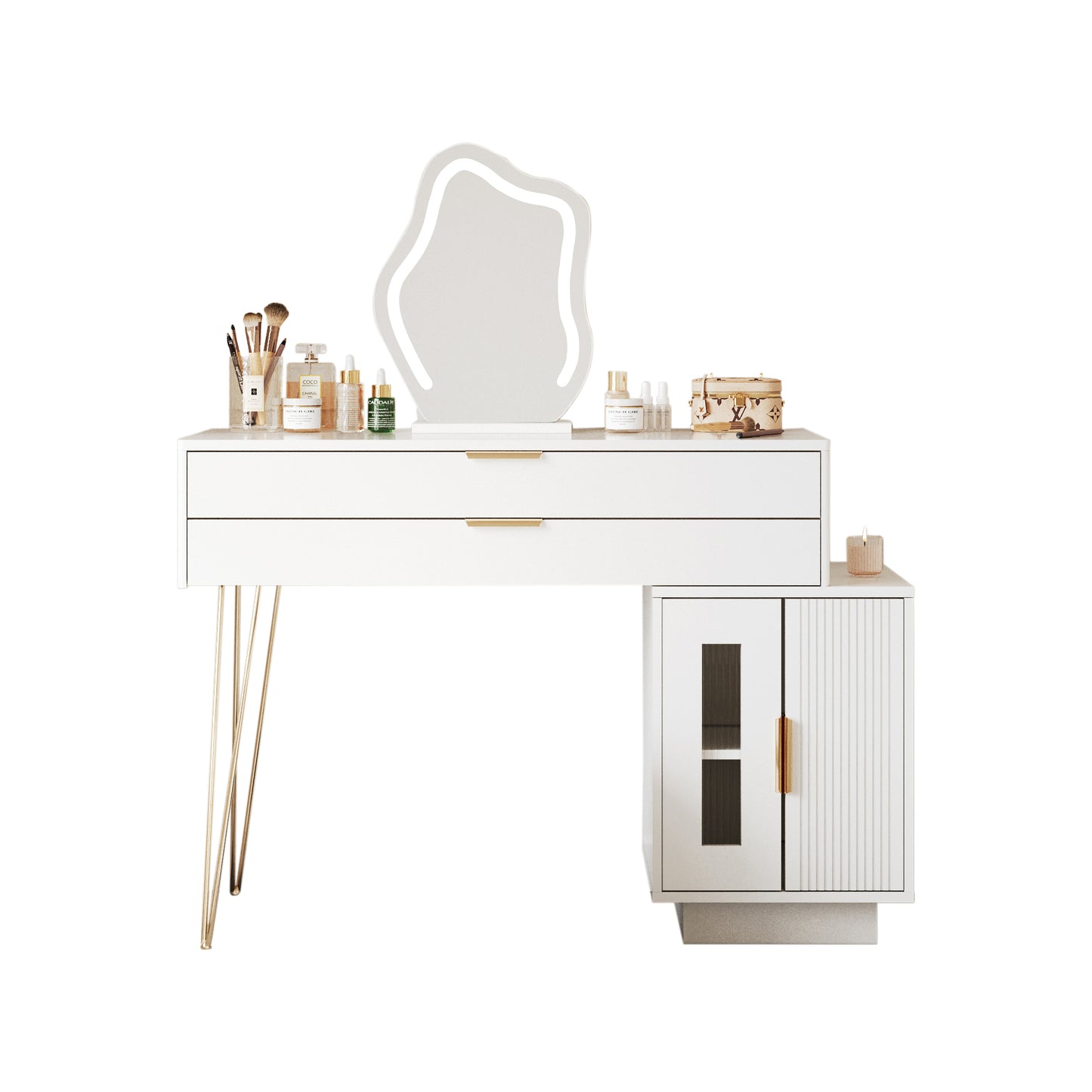 Modern White Vanity Table with Extendable Design and 3-Color LED Mirror - Stylish Bedroom Dressing Table