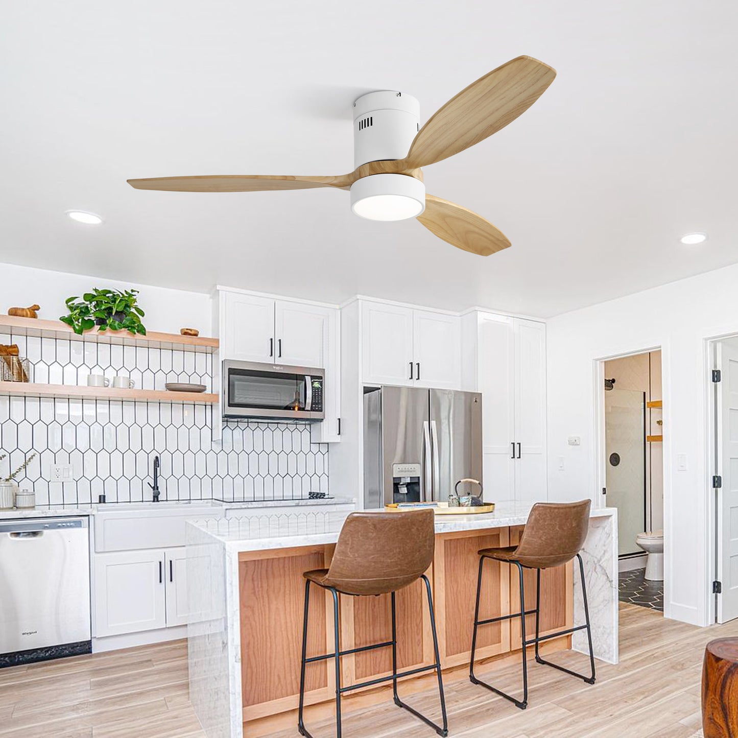 52" Flush Mount Ceiling Fan with DC Motor, 3 Solid Wood Blades, Noiseless Reversible Motor, Remote Control & Light