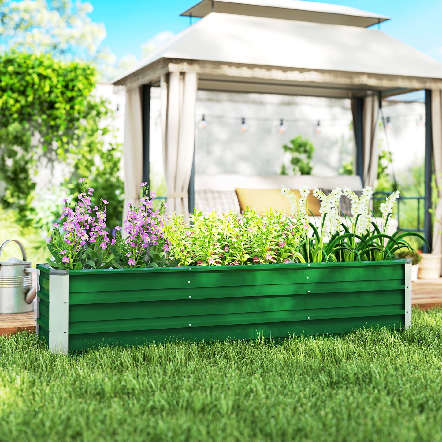 Garden bed planter box made of steel 183 x 47 x 40 cm with gloves, green, for vegetables and flowers